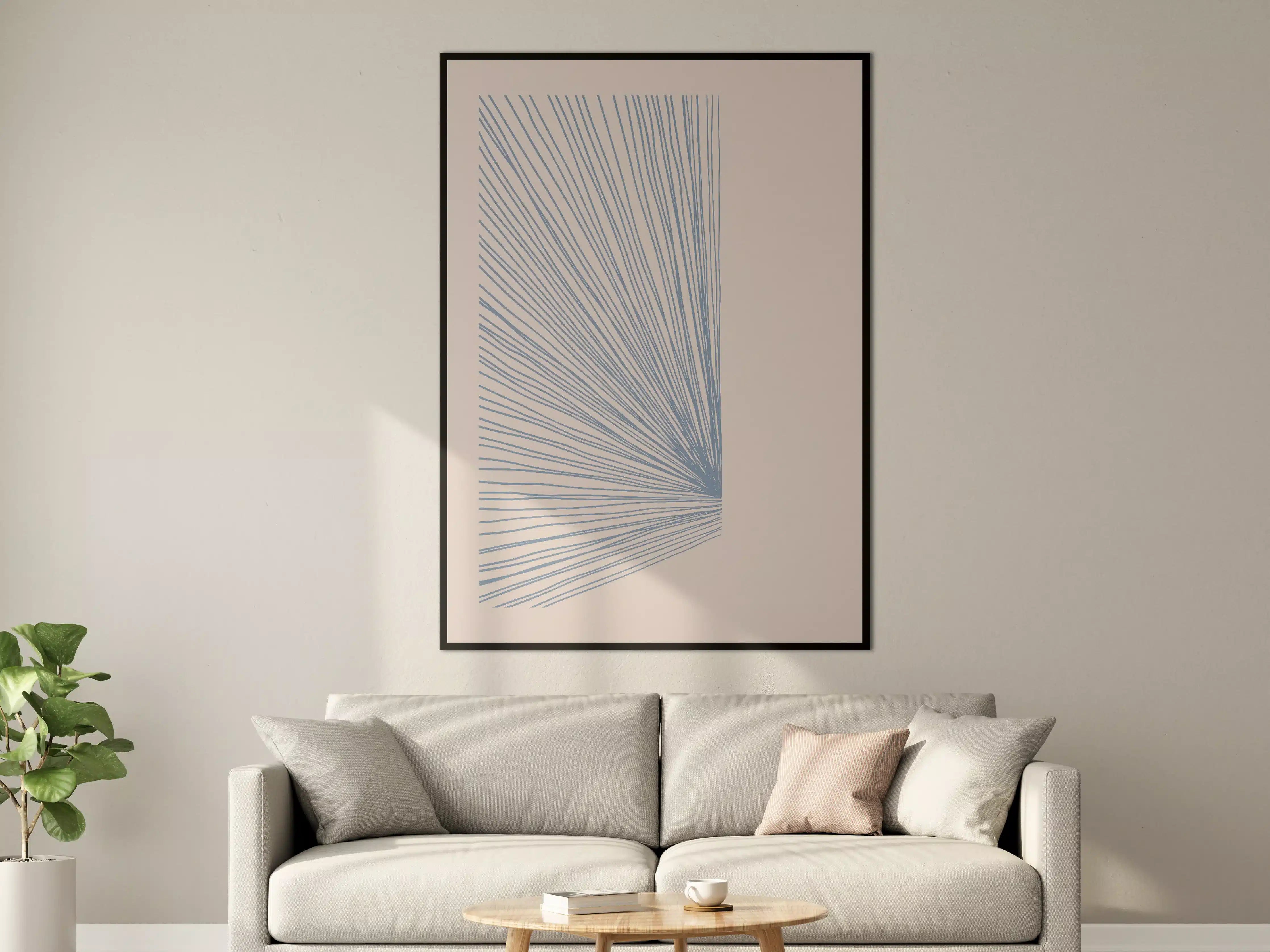 Große Wandbilder - Moderne Linienkunst in Blau auf beigem Hintergrund