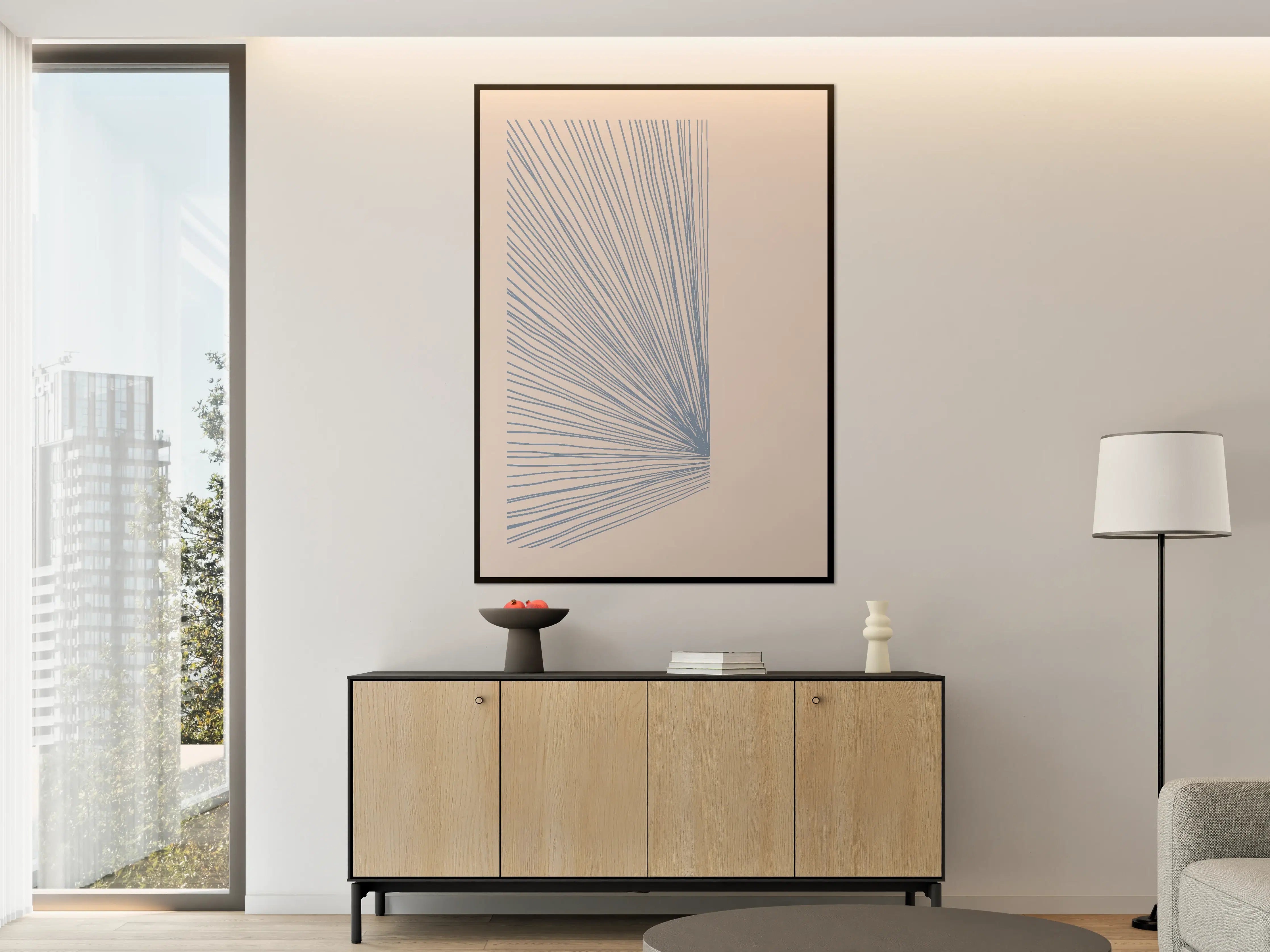Große Wandbilder - Moderne Linienkunst in Blau auf beigem Hintergrund