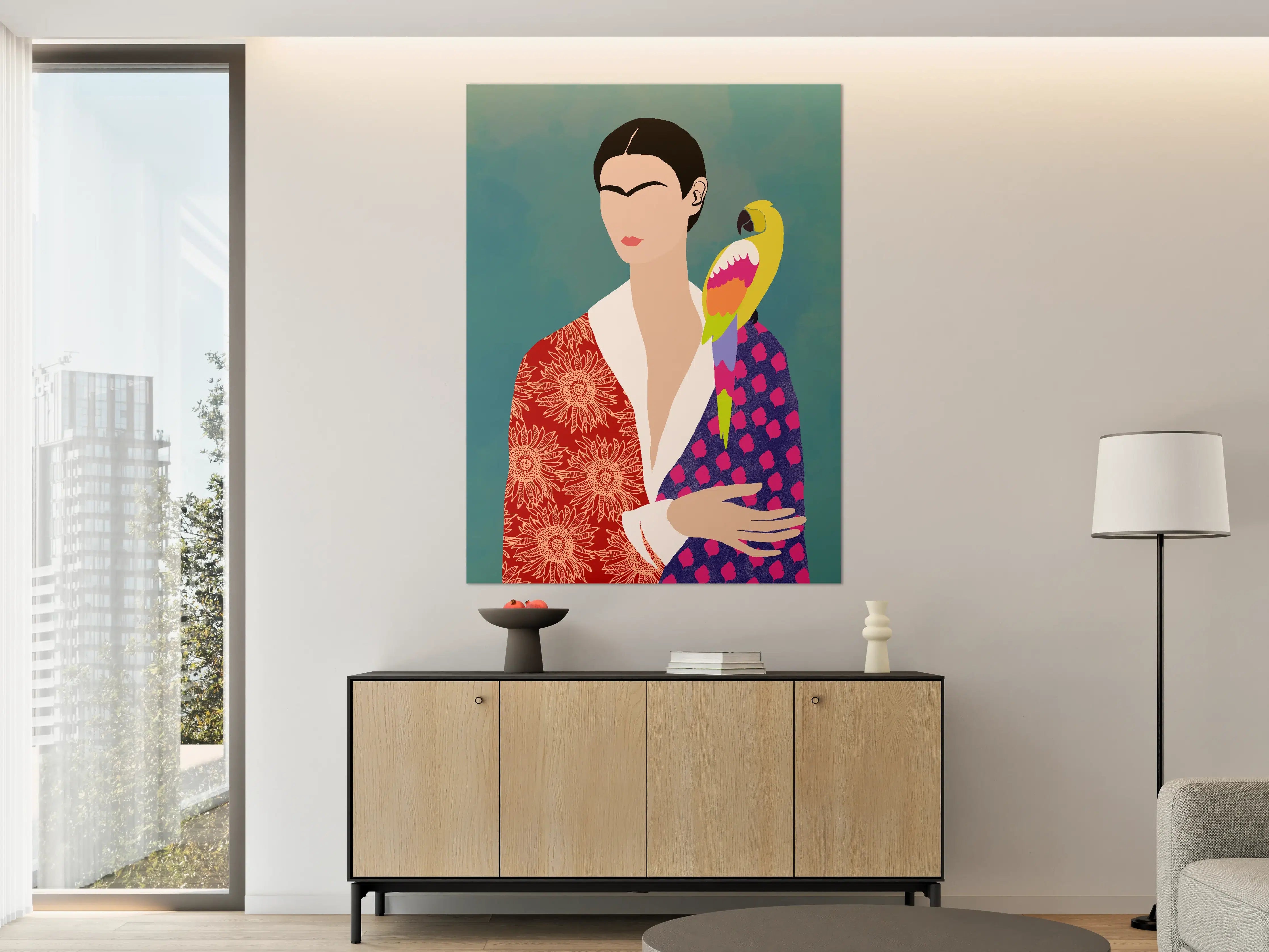 Große Wandbilder - Moderne Pop Art Porträt mit Vogelakzent