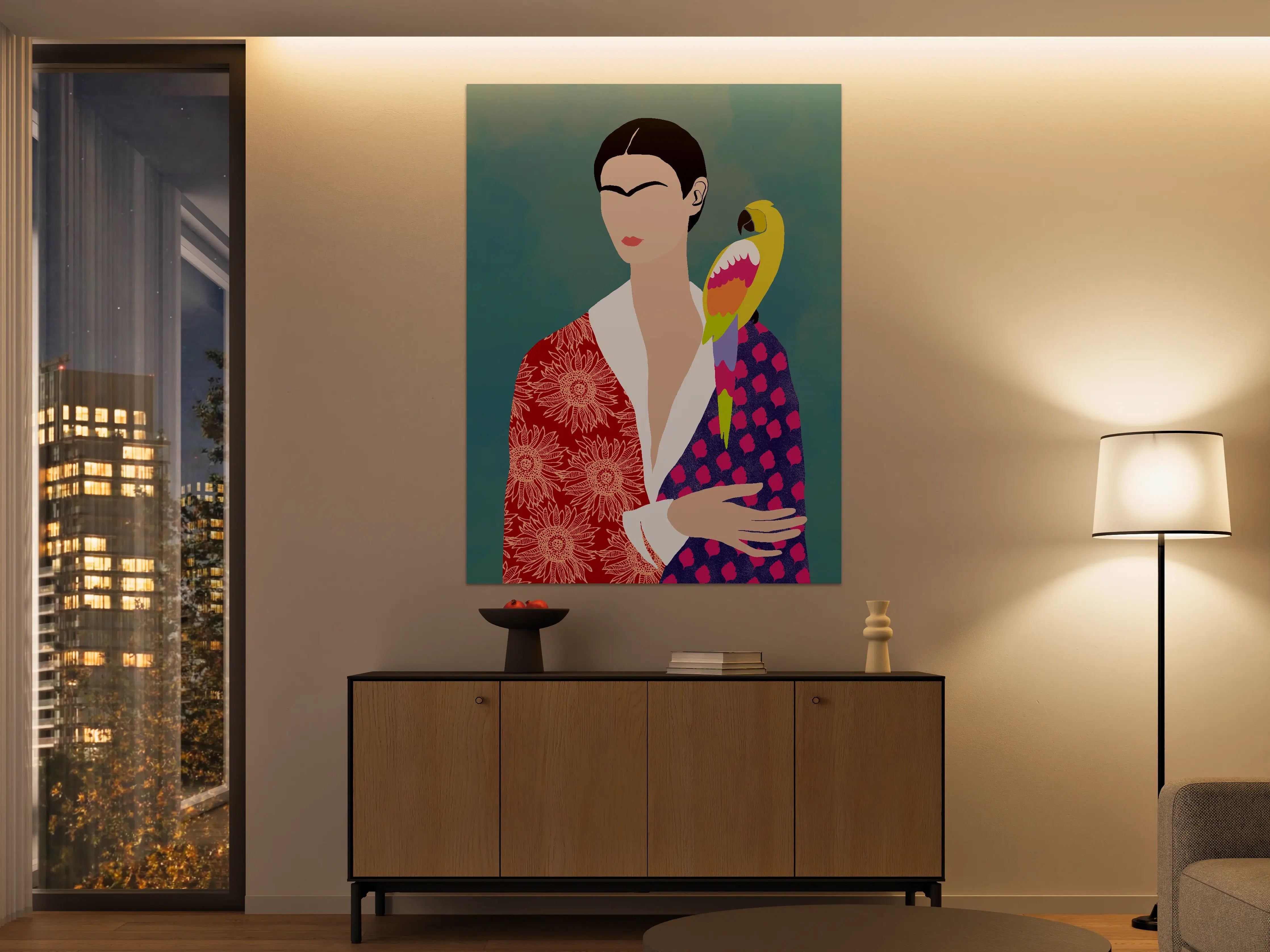 Große Wandbilder - Moderne Pop Art Porträt mit Vogelakzent