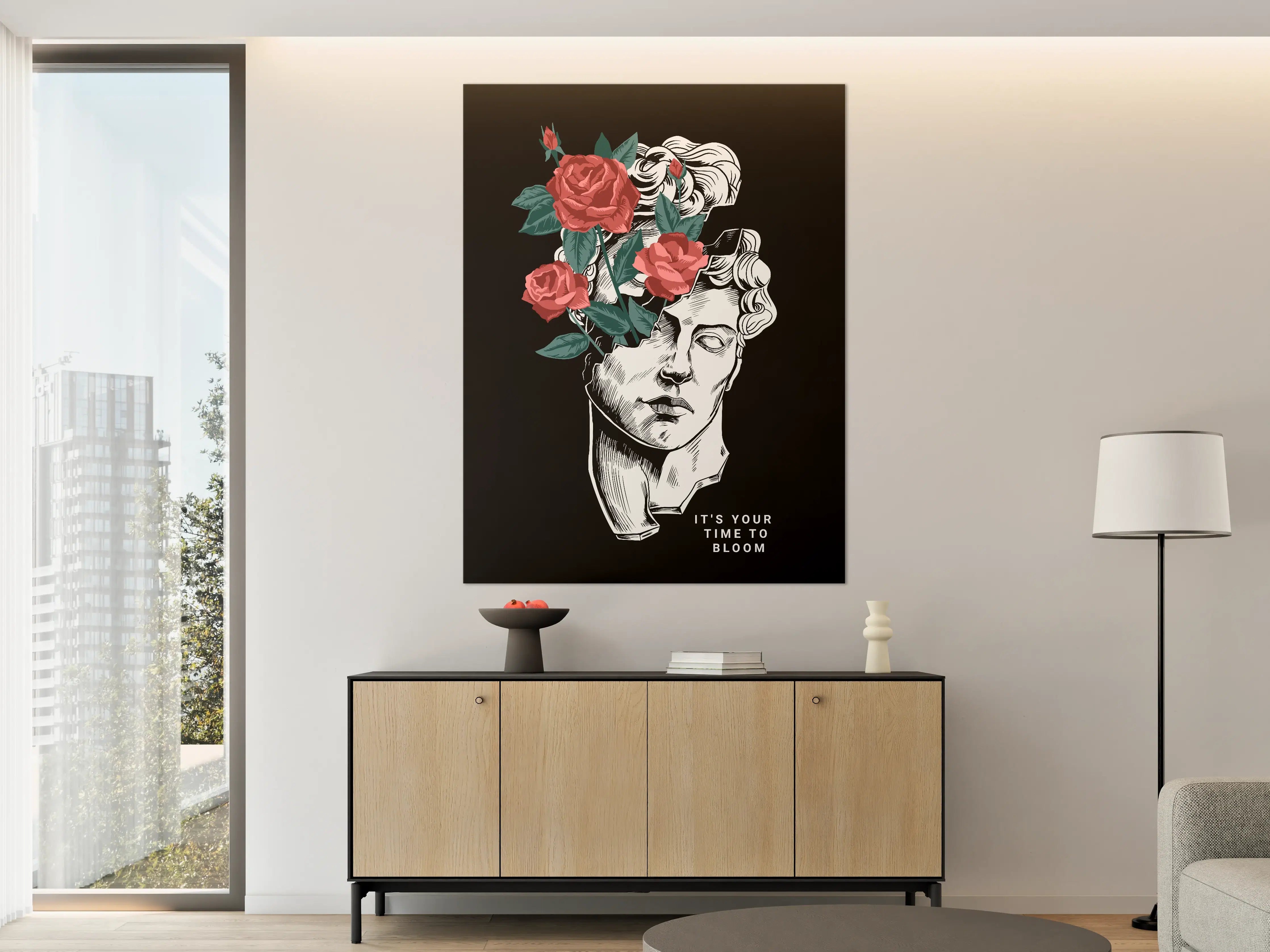 Große Wandbilder - Moderne Schwarz-Weiß-Büste mit Blumenakzenten