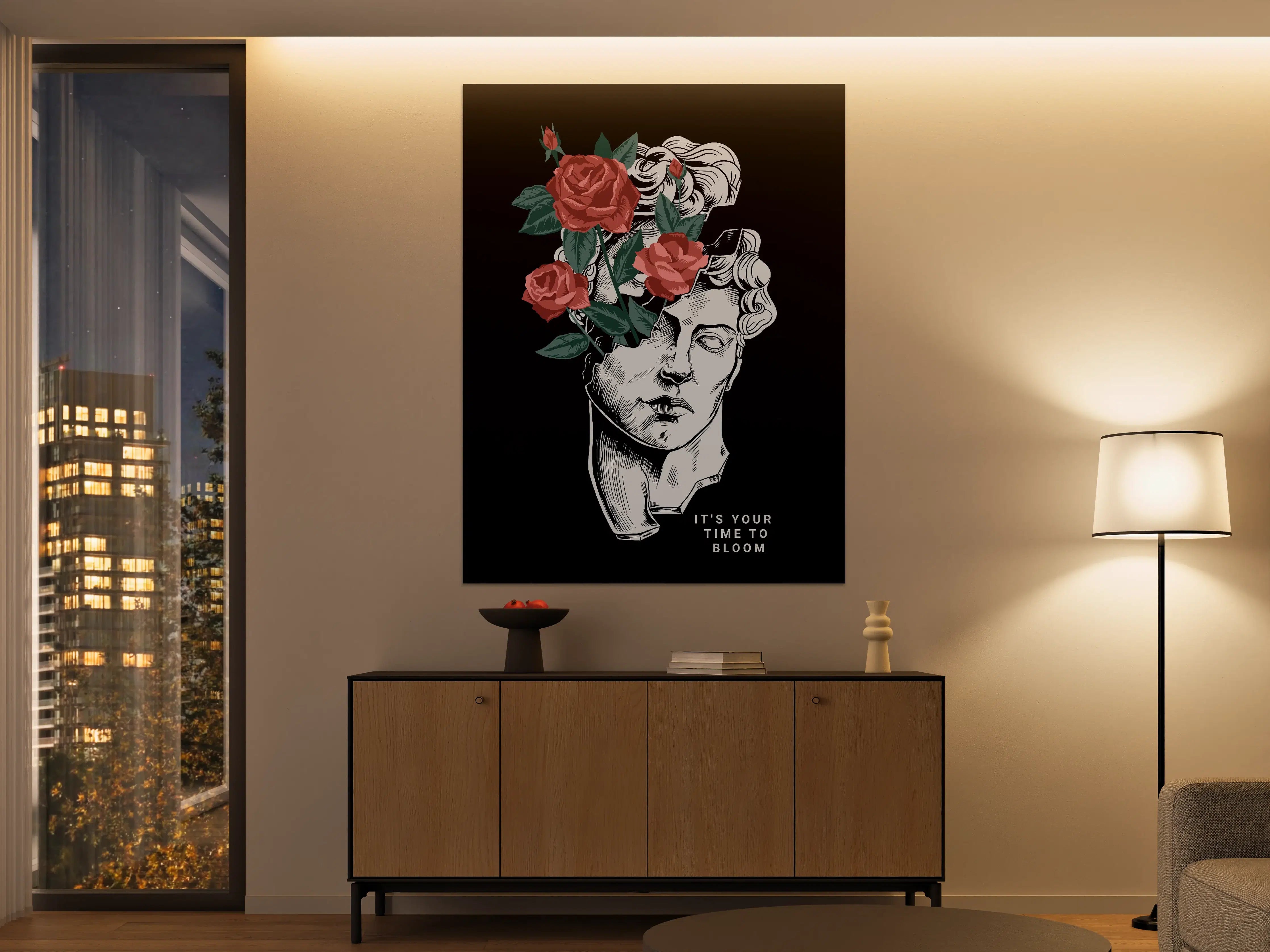 Große Wandbilder - Moderne Schwarz-Weiß-Büste mit Blumenakzenten