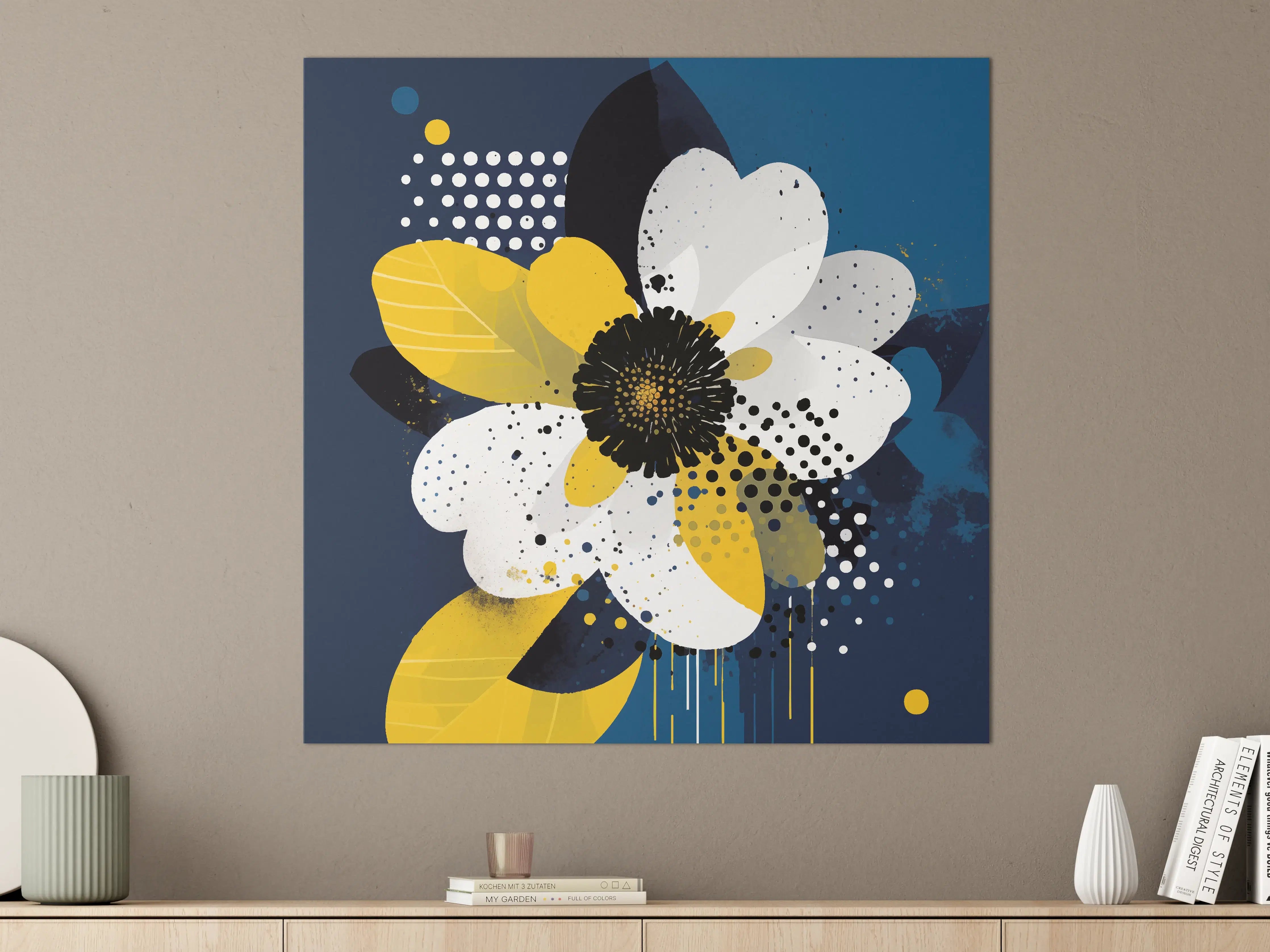 Große Wandbilder - Moderne abstrakte Blumenmalerei in Blau, Weiß und Gelb