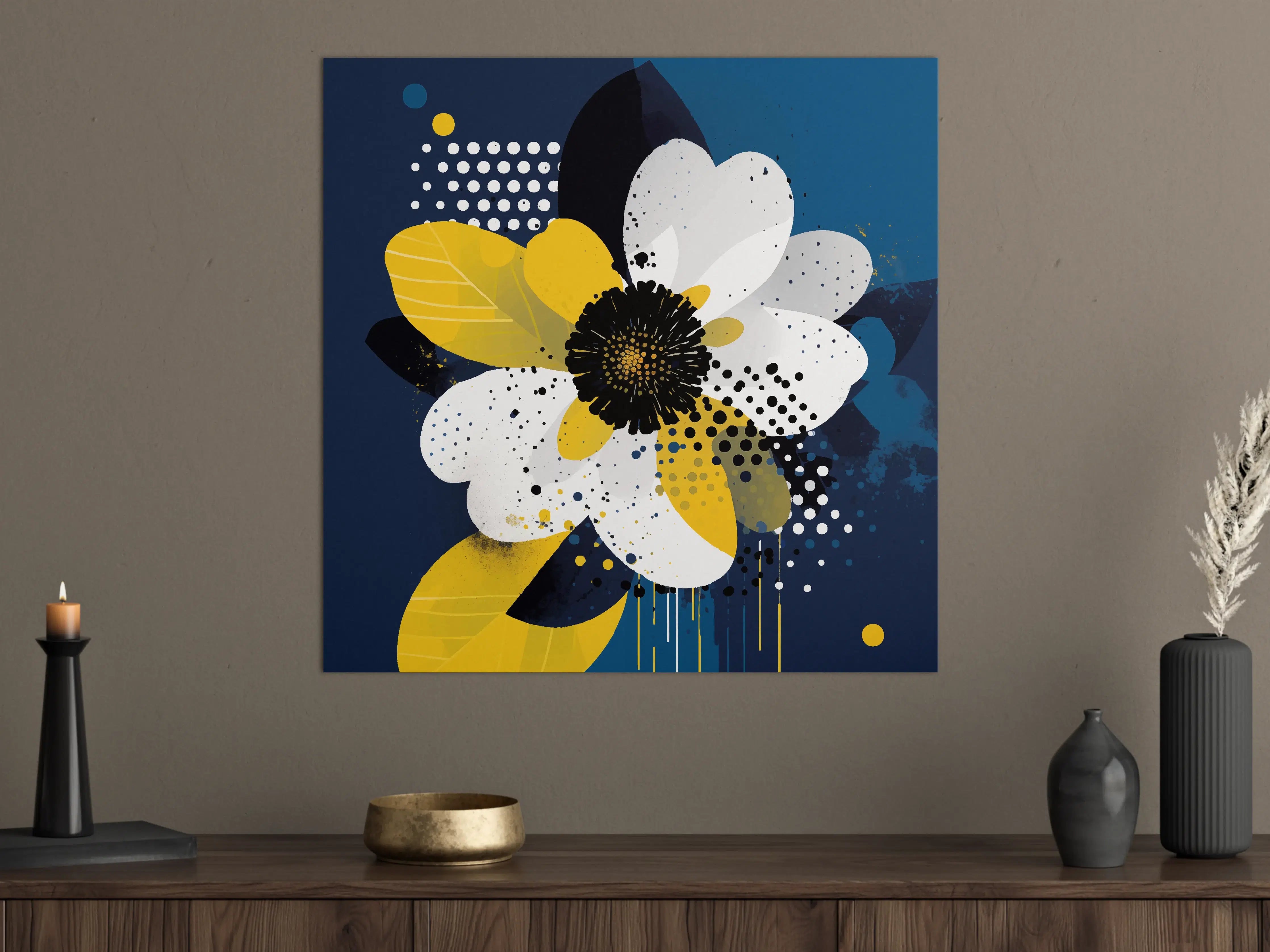 Große Wandbilder - Moderne abstrakte Blumenmalerei in Blau, Weiß und Gelb