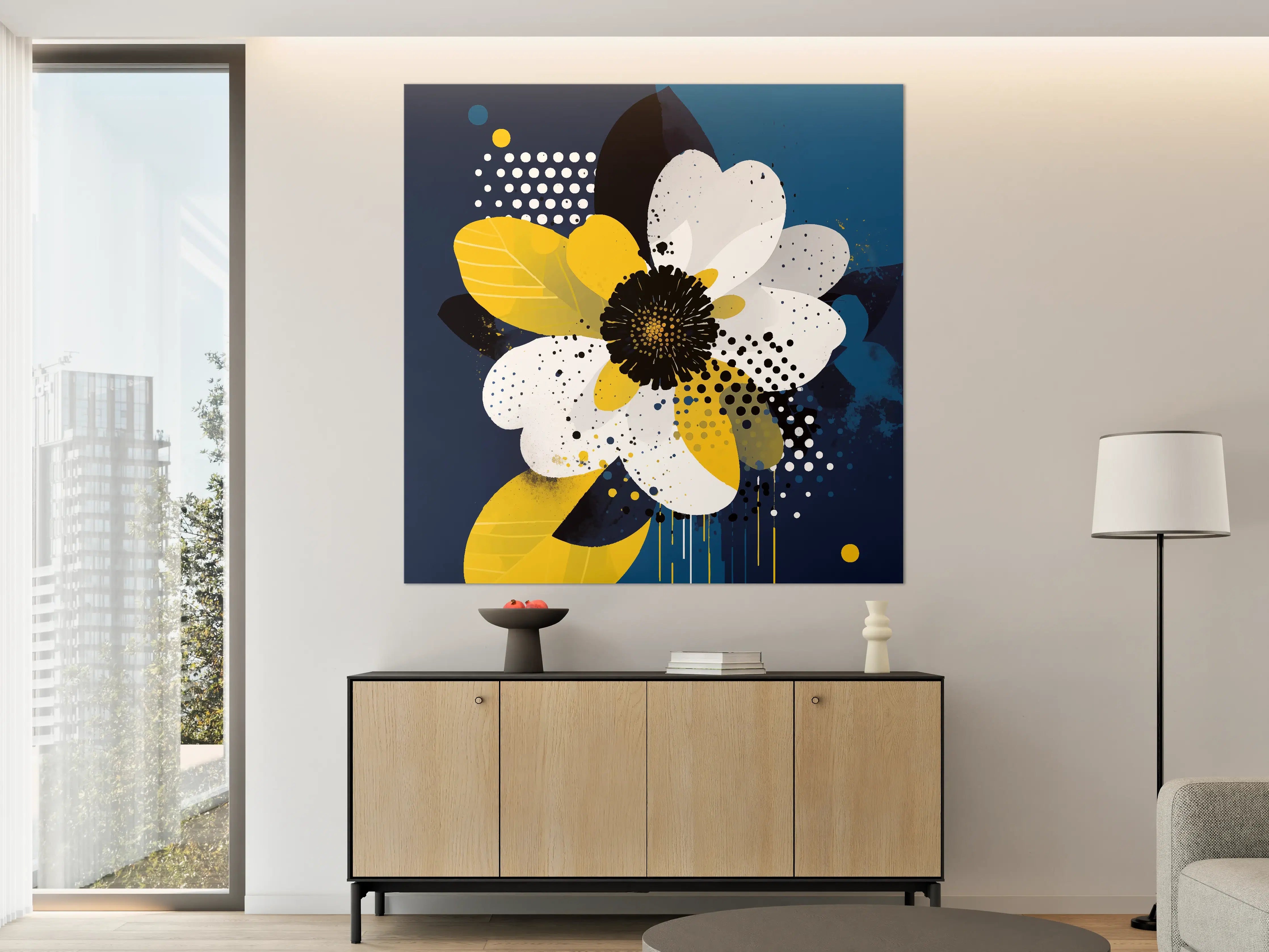 Große Wandbilder - Moderne abstrakte Blumenmalerei in Blau, Weiß und Gelb