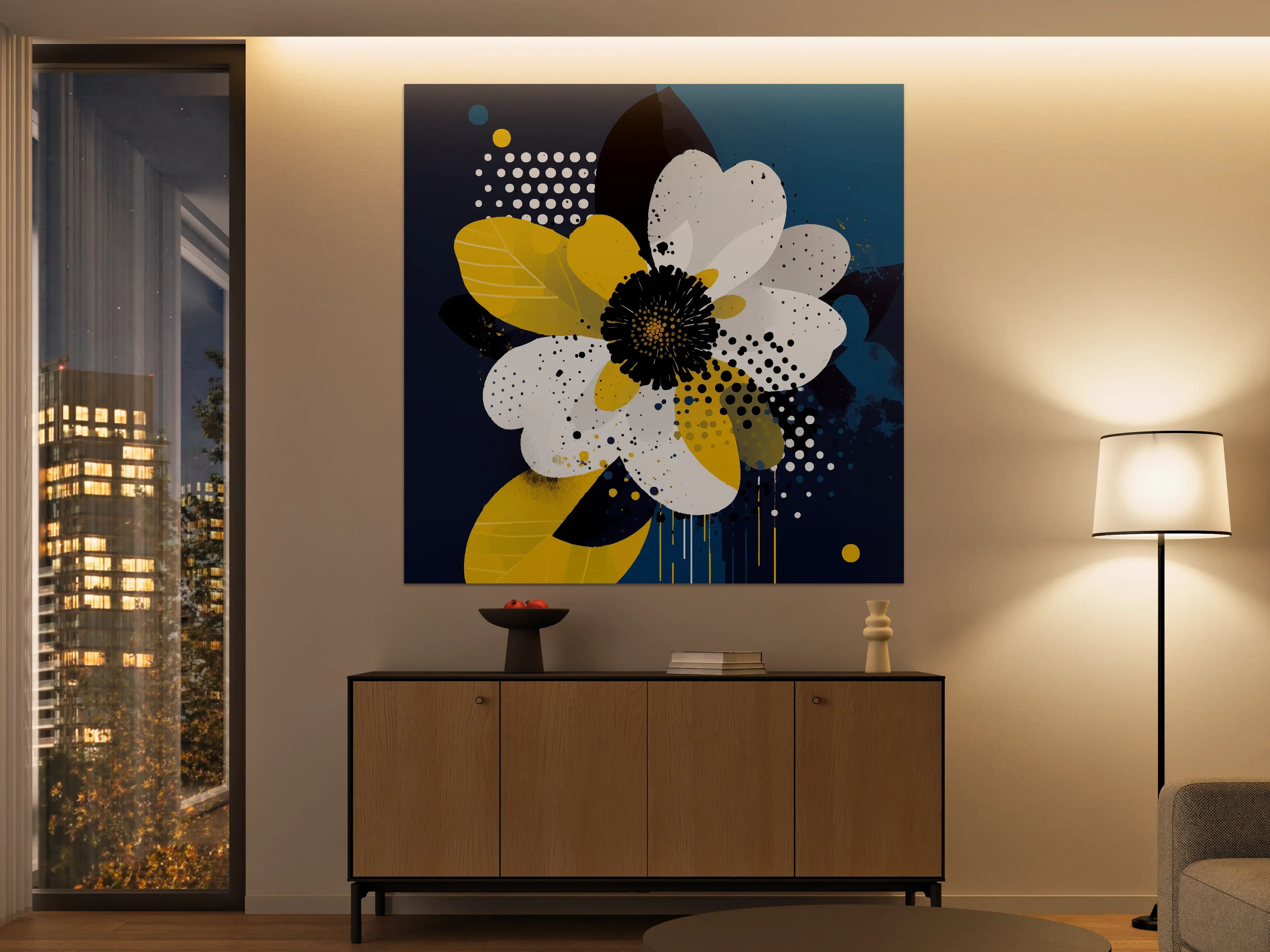 Große Wandbilder - Moderne abstrakte Blumenmalerei in Blau, Weiß und Gelb