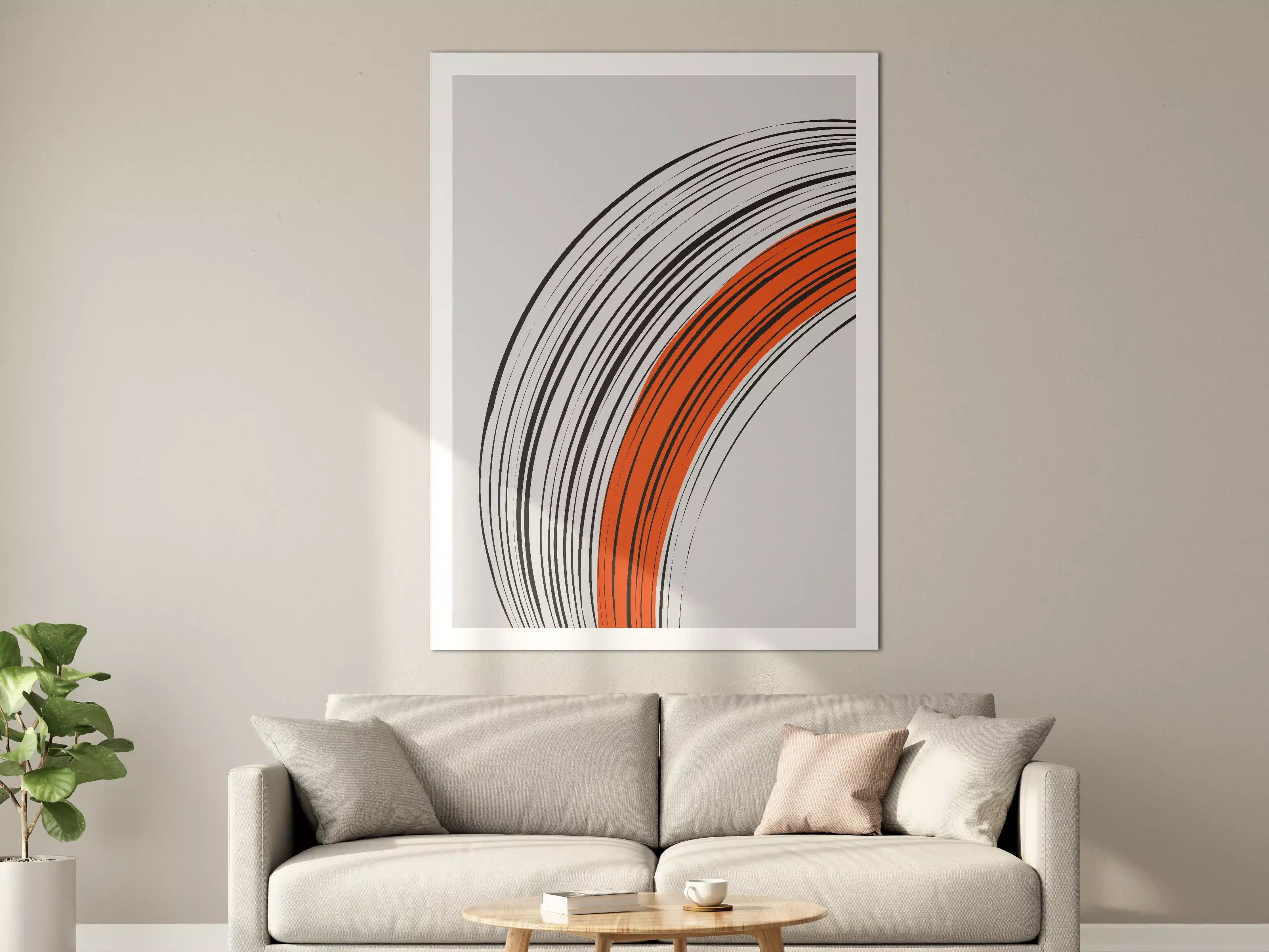 Große Wandbilder - Moderne abstrakte Kreise in Schwarz, Weiß und Orange auf hellem Hintergrund