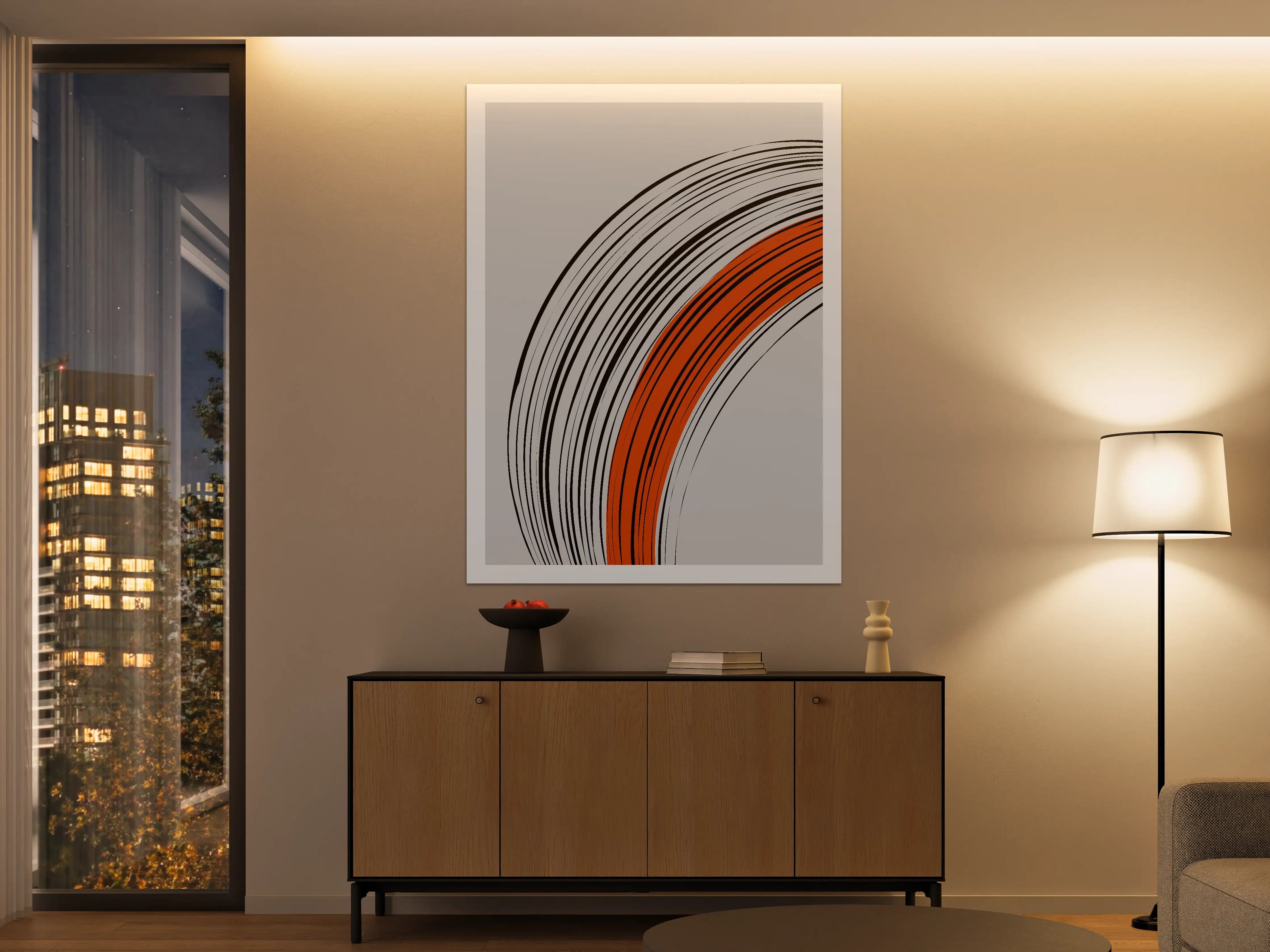 Große Wandbilder - Moderne abstrakte Kreise in Schwarz, Weiß und Orange auf hellem Hintergrund