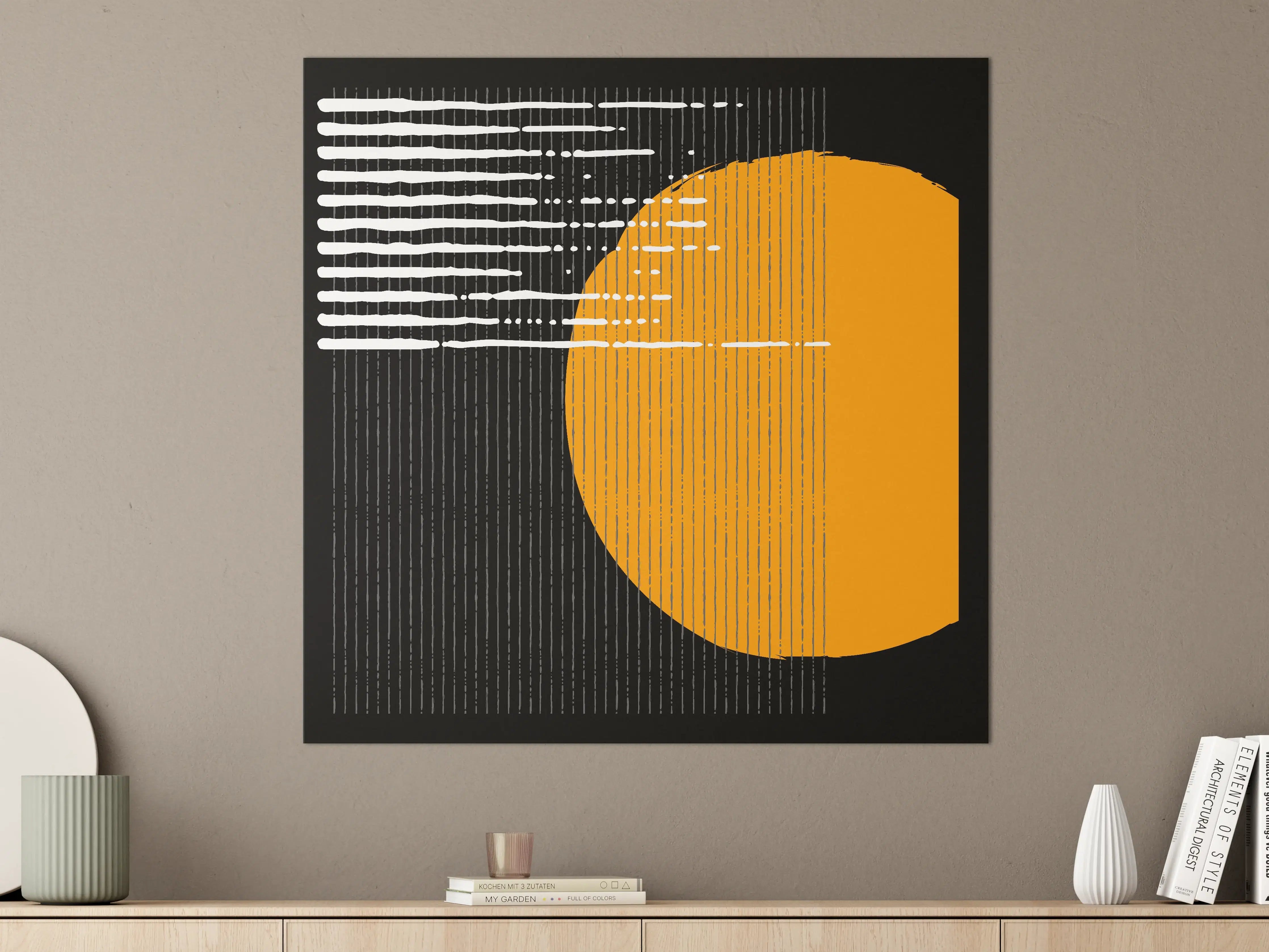 Große Wandbilder - Moderne abstrakte Kunst mit orangener Sonne und schwarzen Elementen