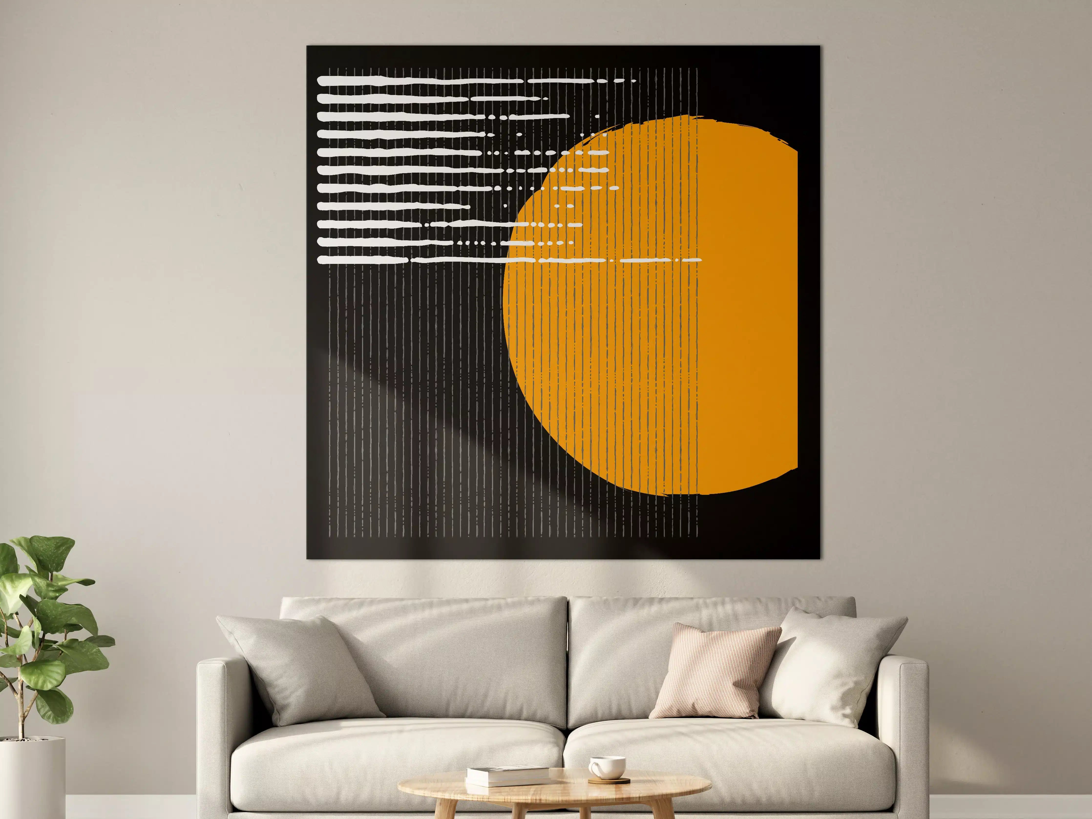 Große Wandbilder - Moderne abstrakte Kunst mit orangener Sonne und schwarzen Elementen