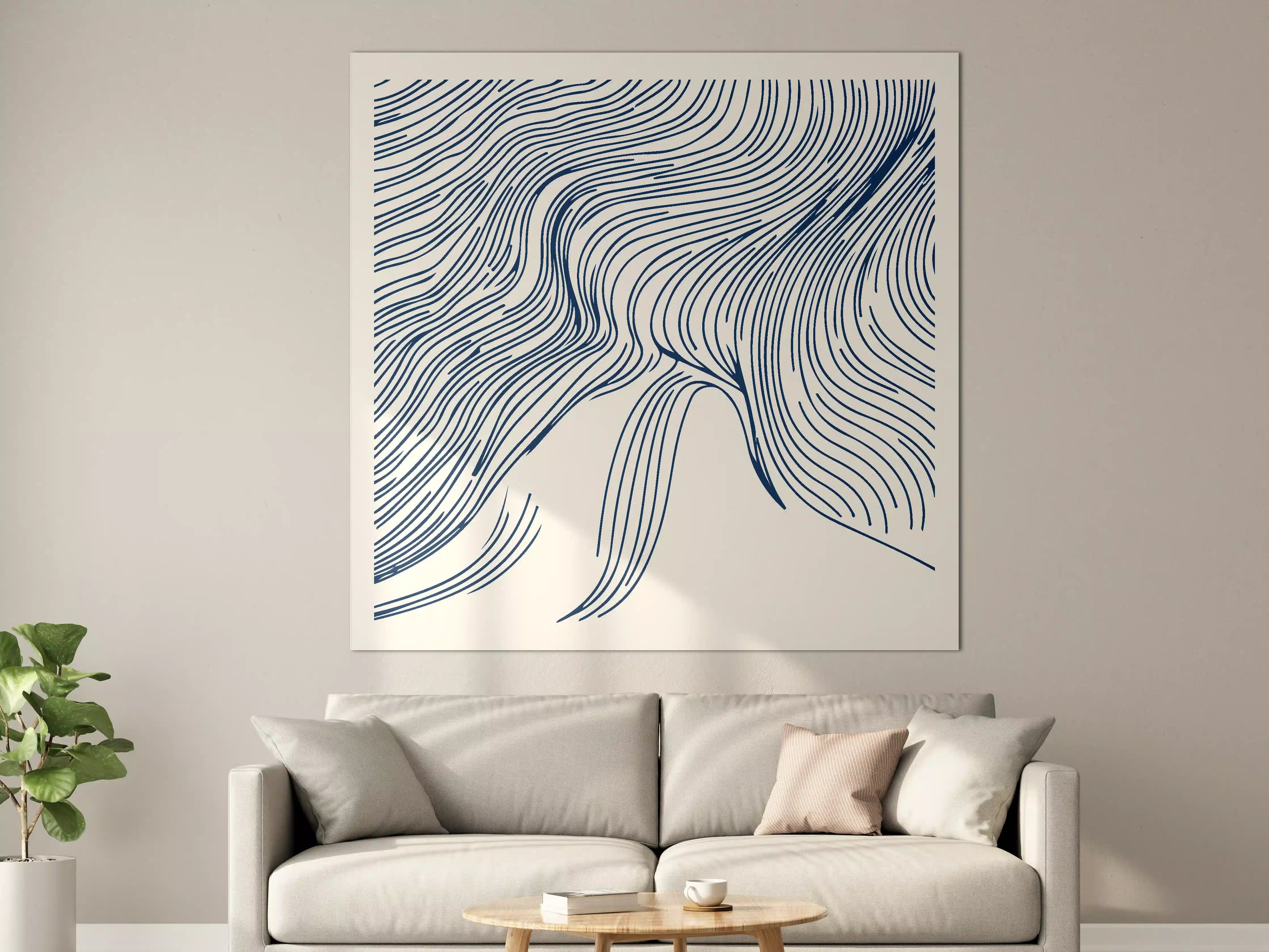 Große Wandbilder - Moderne abstrakte Linienkunst in Dunkelblau und Creme