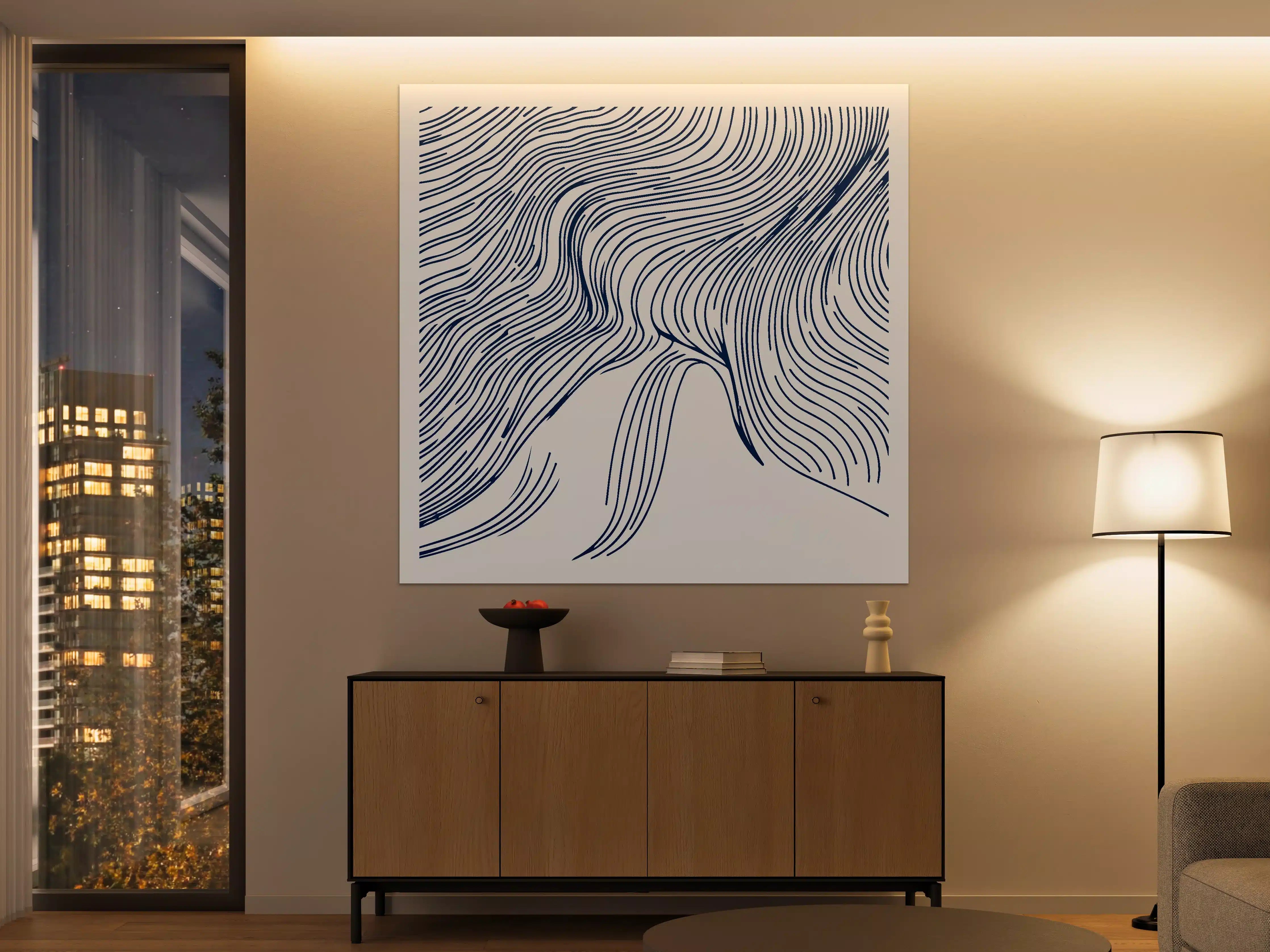 Große Wandbilder - Moderne abstrakte Linienkunst in Dunkelblau und Creme