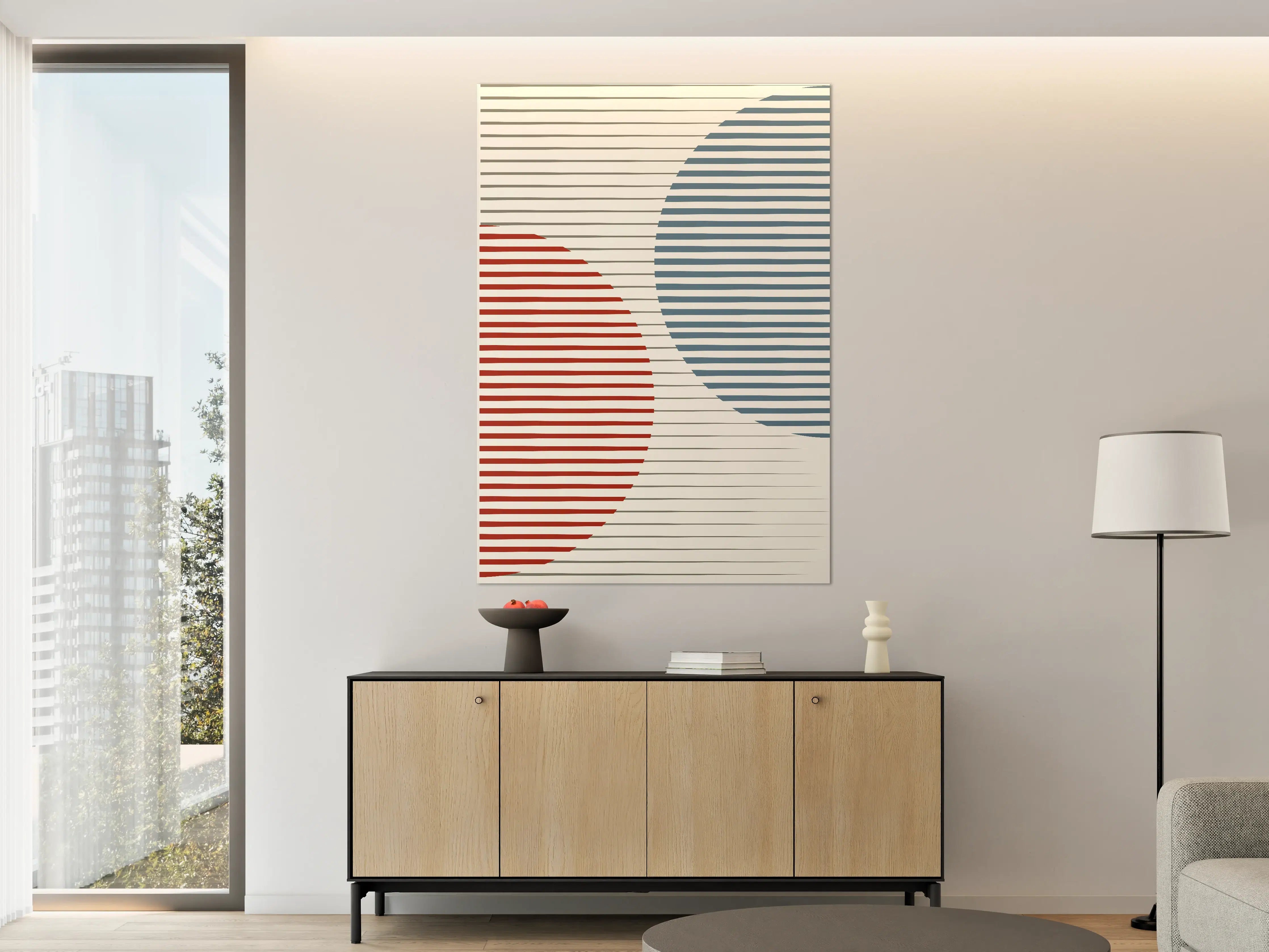 Große Wandbilder - Moderne abstrakte Linienkunst in Rot, Blau und Beige