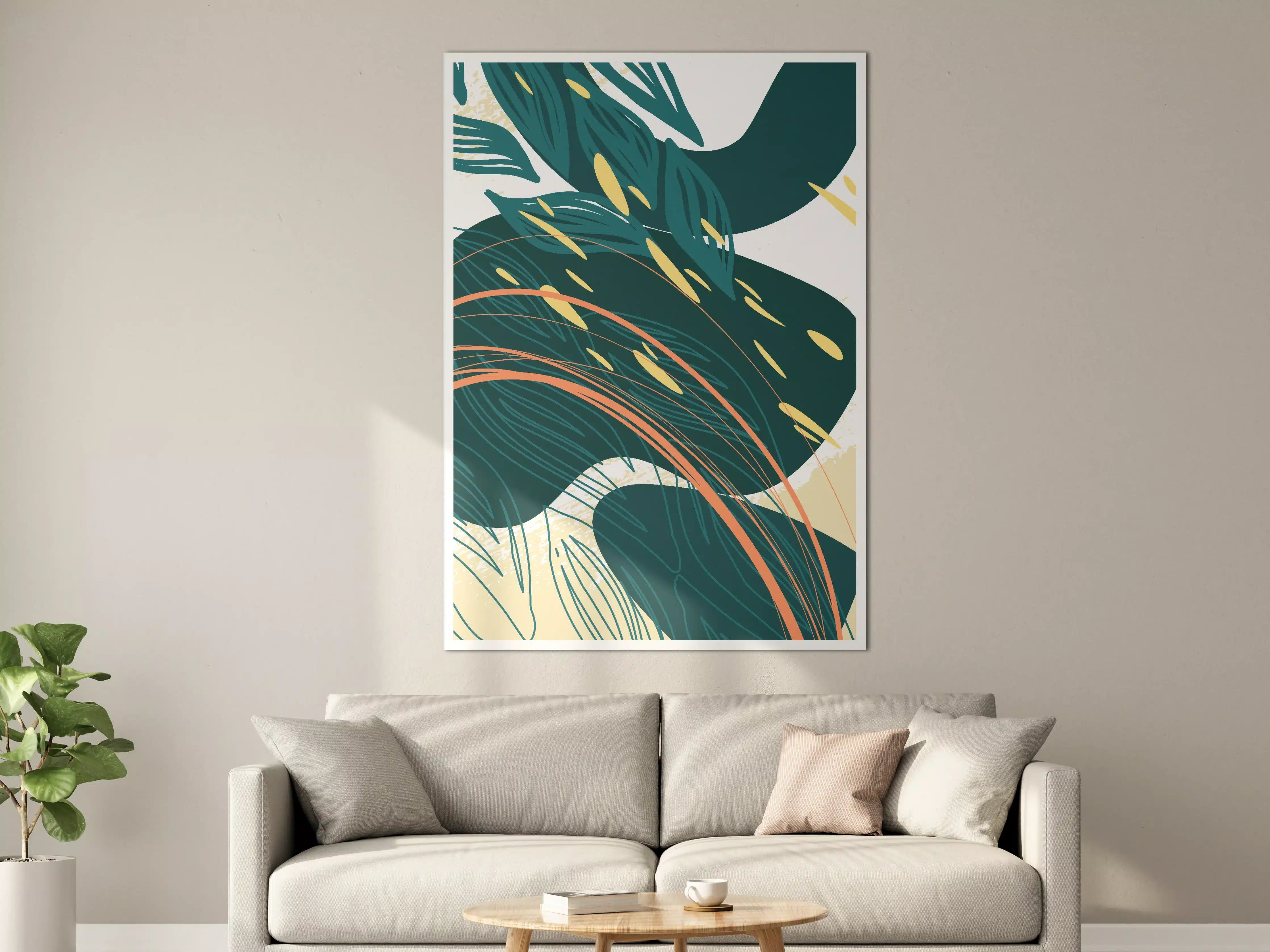 Große Wandbilder - Moderne abstrakte Pflanzenkunst in Blau und Beige