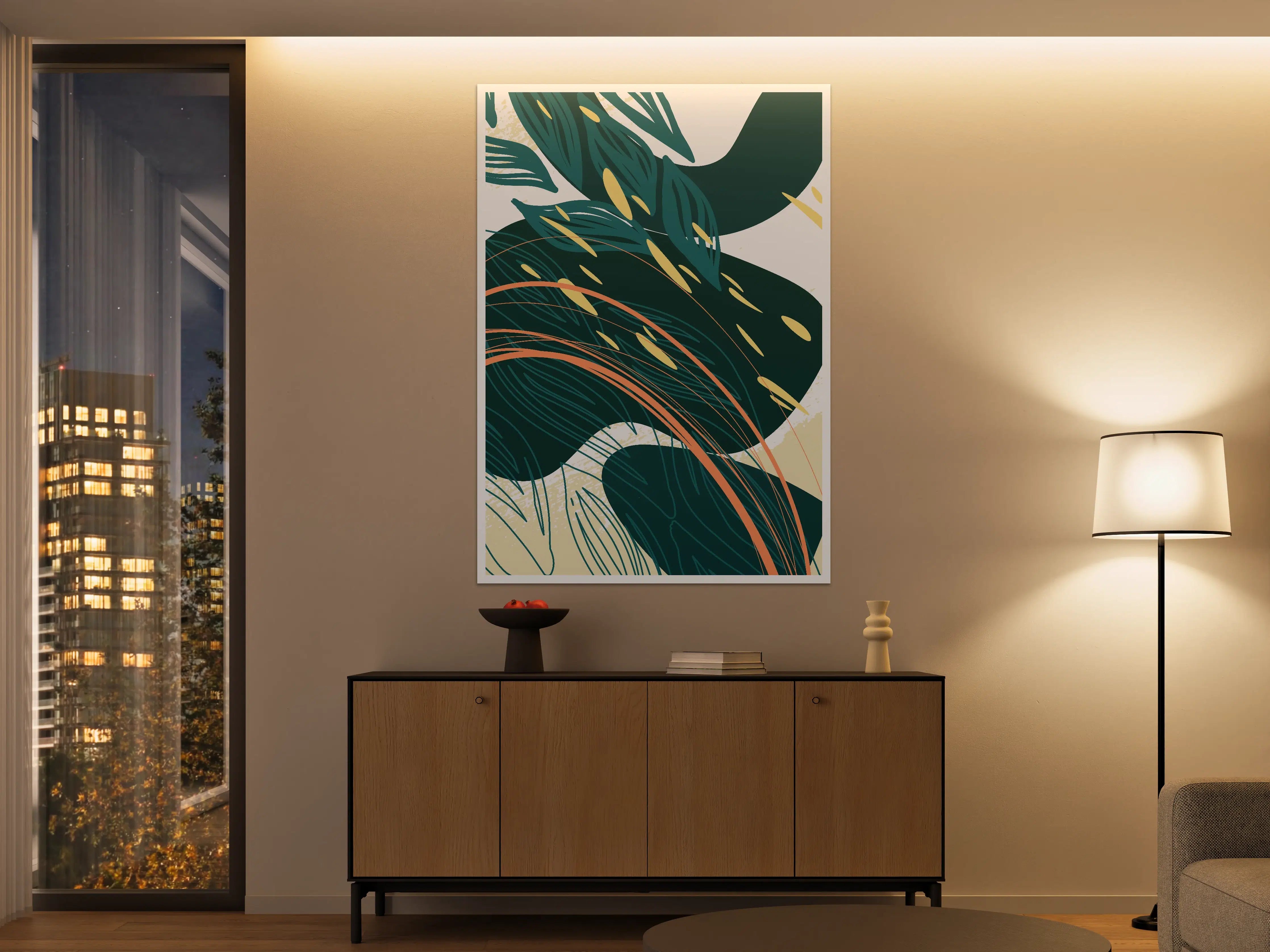 Große Wandbilder - Moderne abstrakte Pflanzenkunst in Blau und Beige