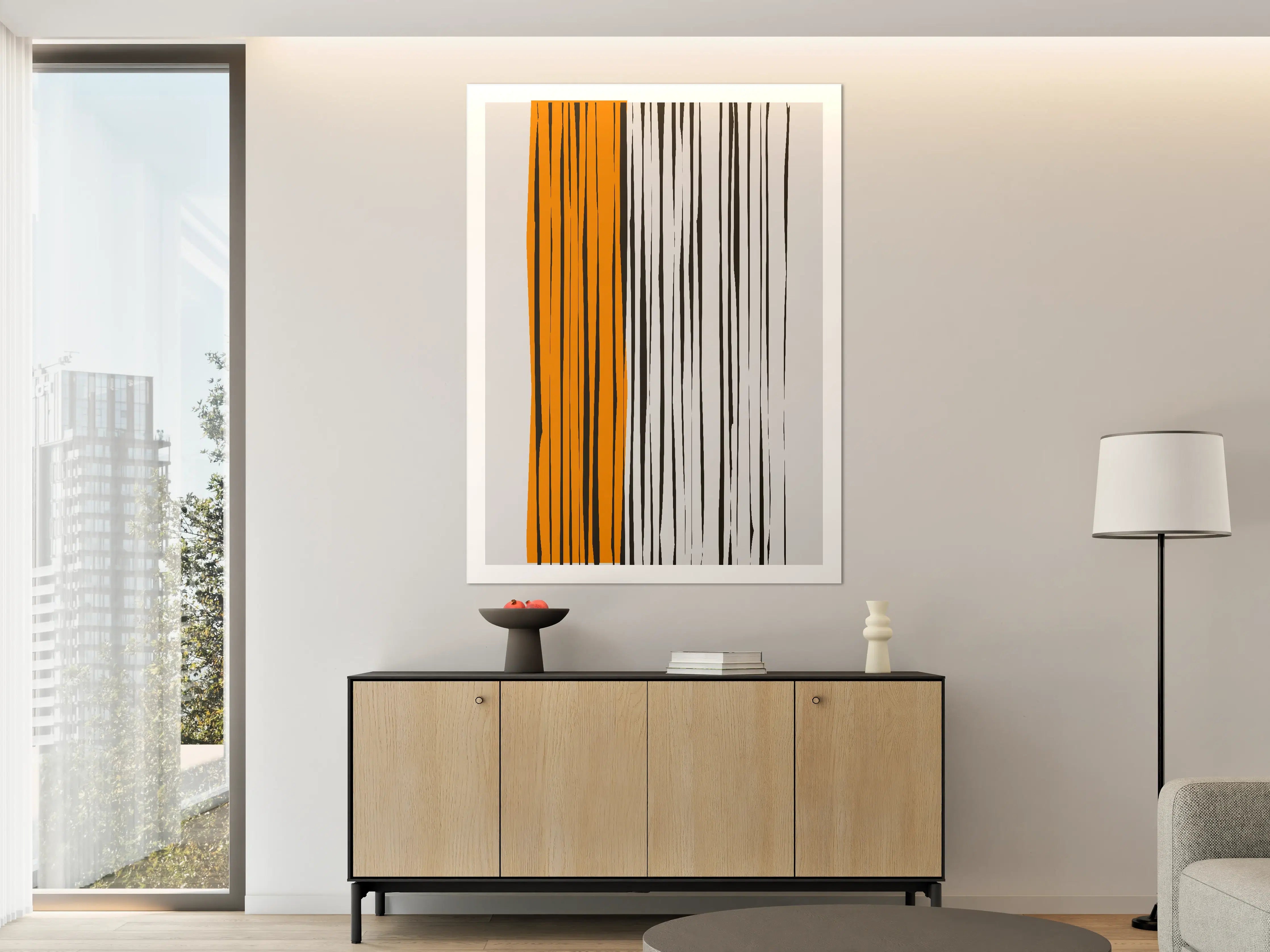 Große Wandbilder - Moderne abstrakte Streifen in Schwarz, Weiß und Orange