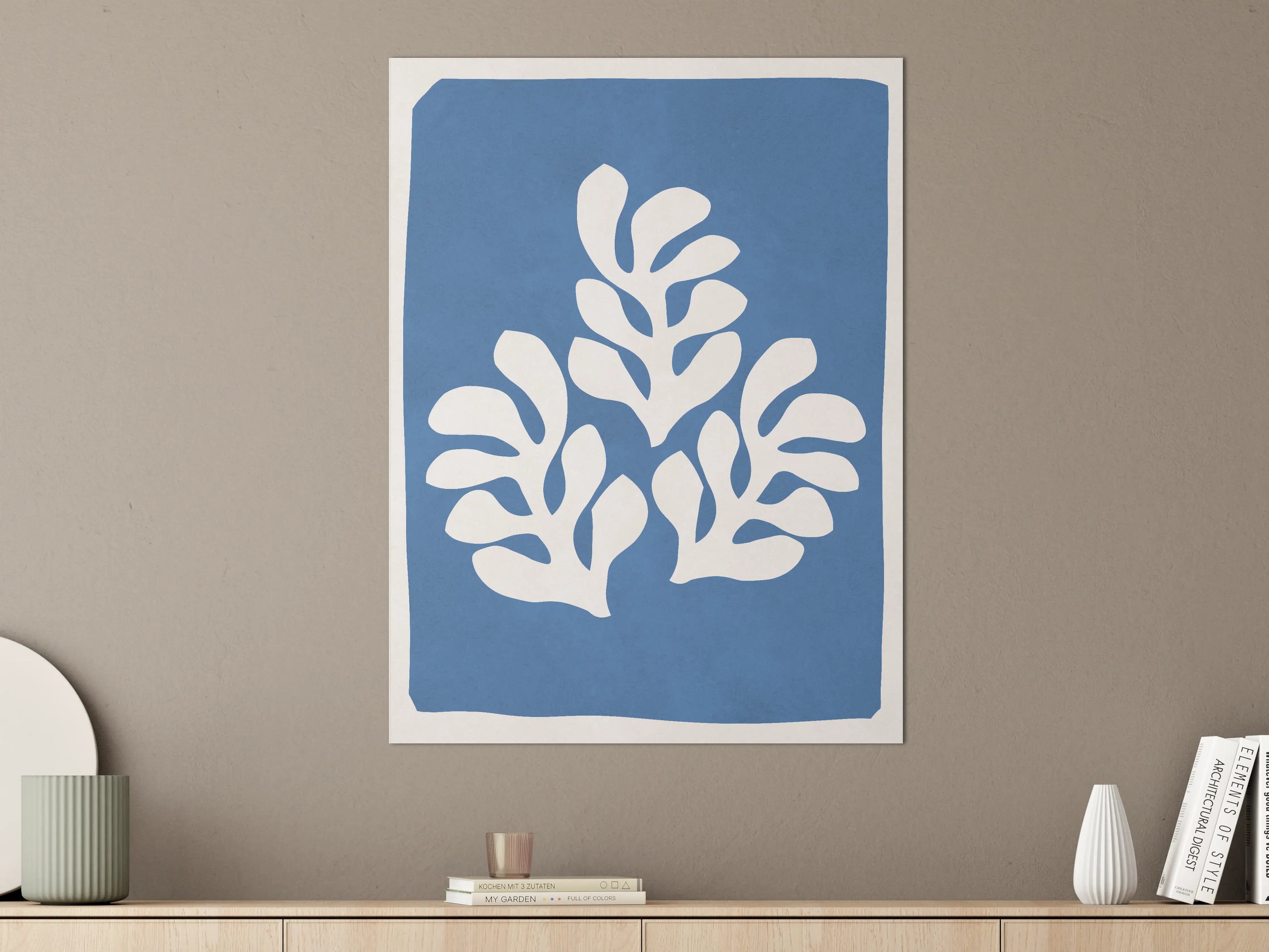 Große Wandbilder - Moderne blaue Leinwand mit abstrakter Pflanzenillustration