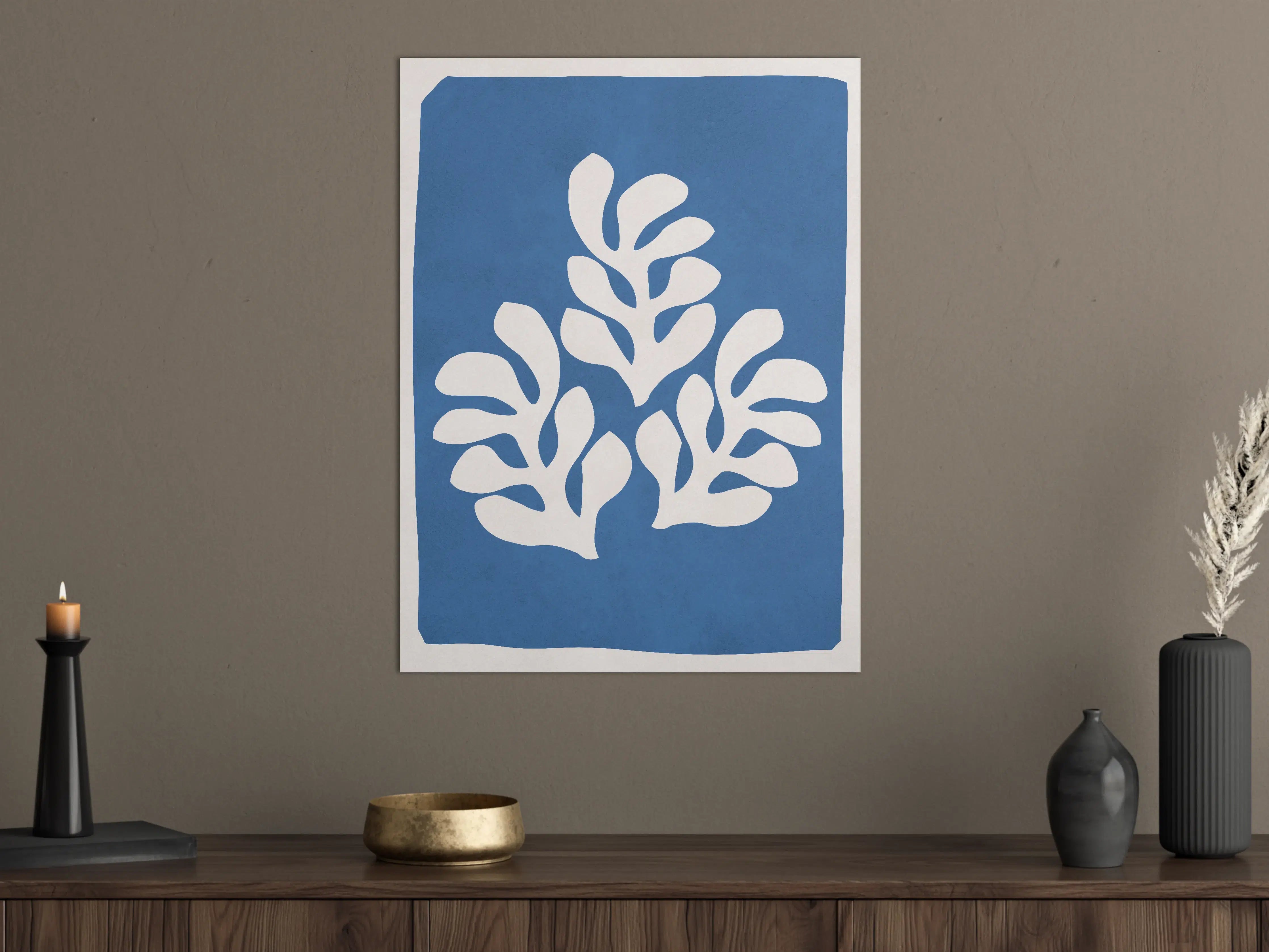 Große Wandbilder - Moderne blaue Leinwand mit abstrakter Pflanzenillustration