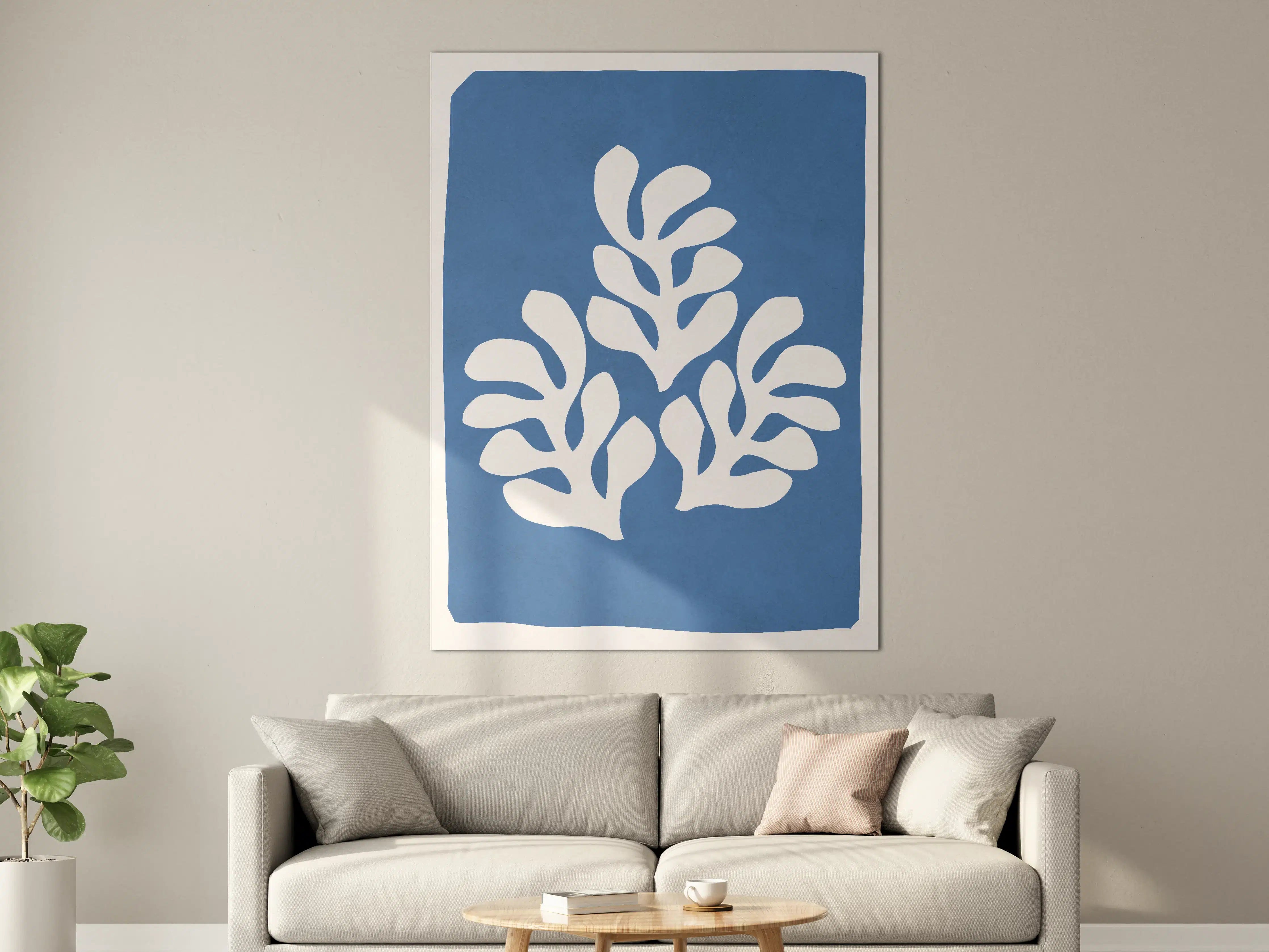 Große Wandbilder - Moderne blaue Leinwand mit abstrakter Pflanzenillustration