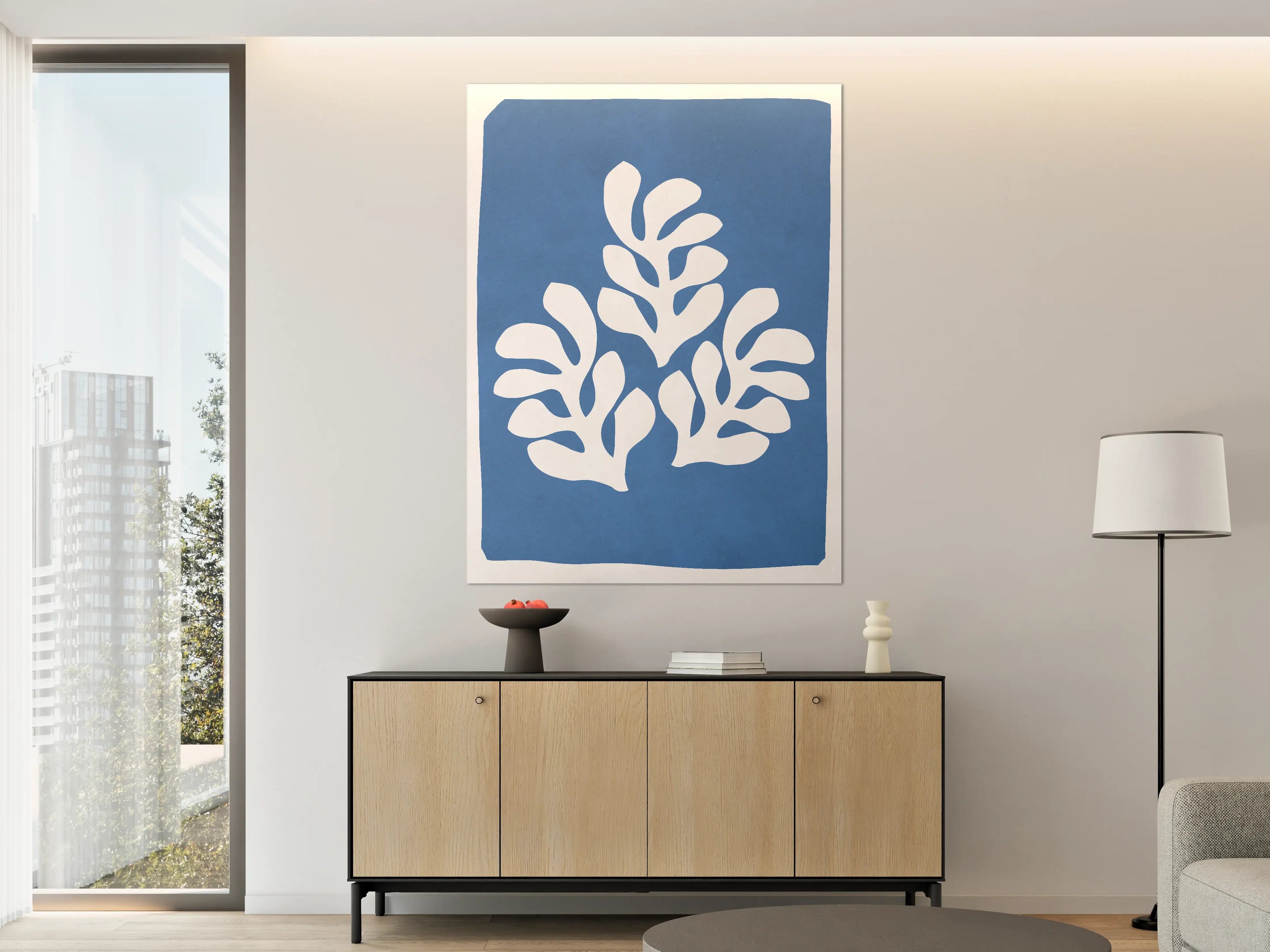 Große Wandbilder - Moderne blaue Leinwand mit abstrakter Pflanzenillustration