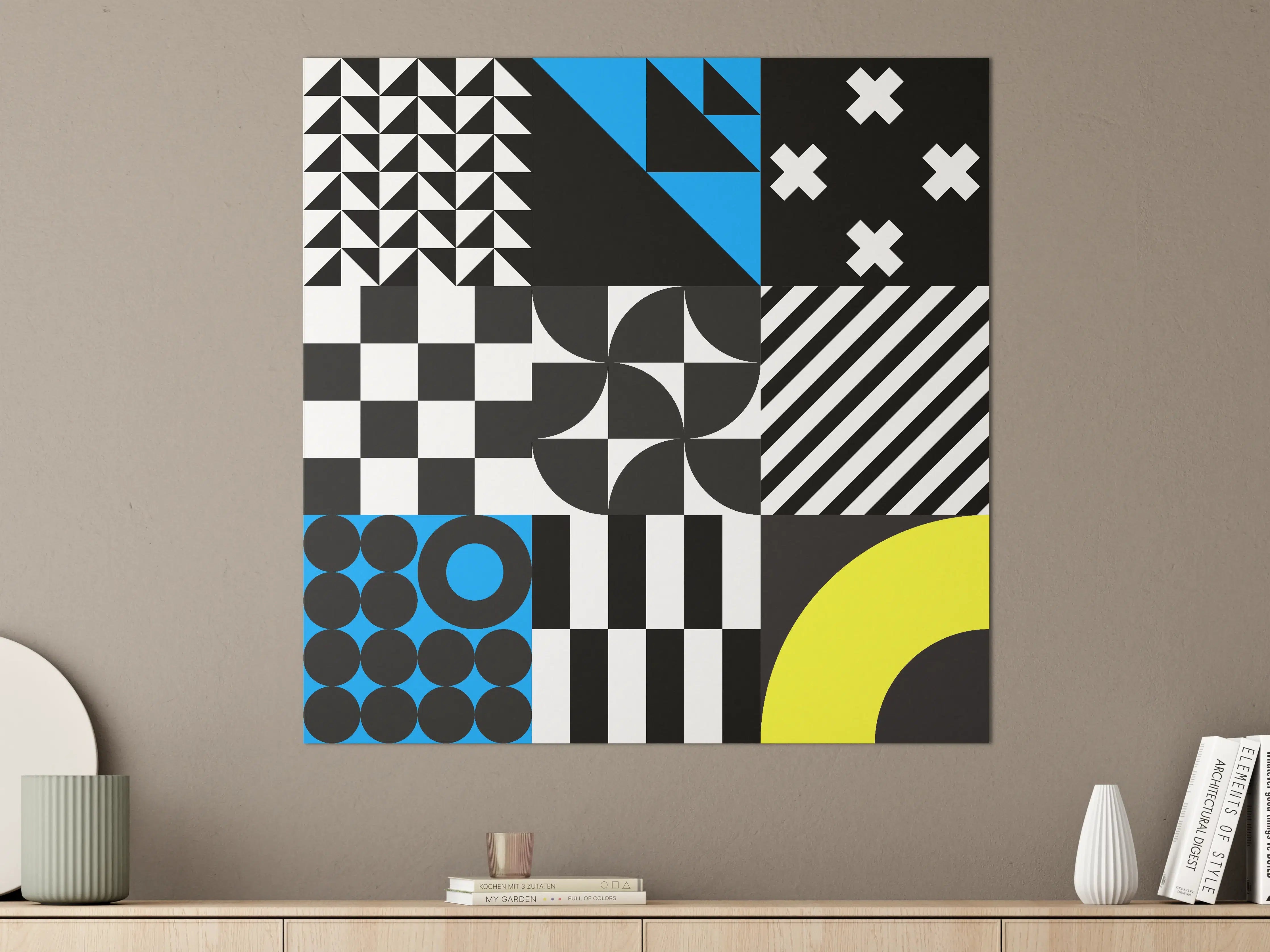 Große Wandbilder - Moderne geometrische Kunst in Schwarz, Weiß, Blau und Gelb