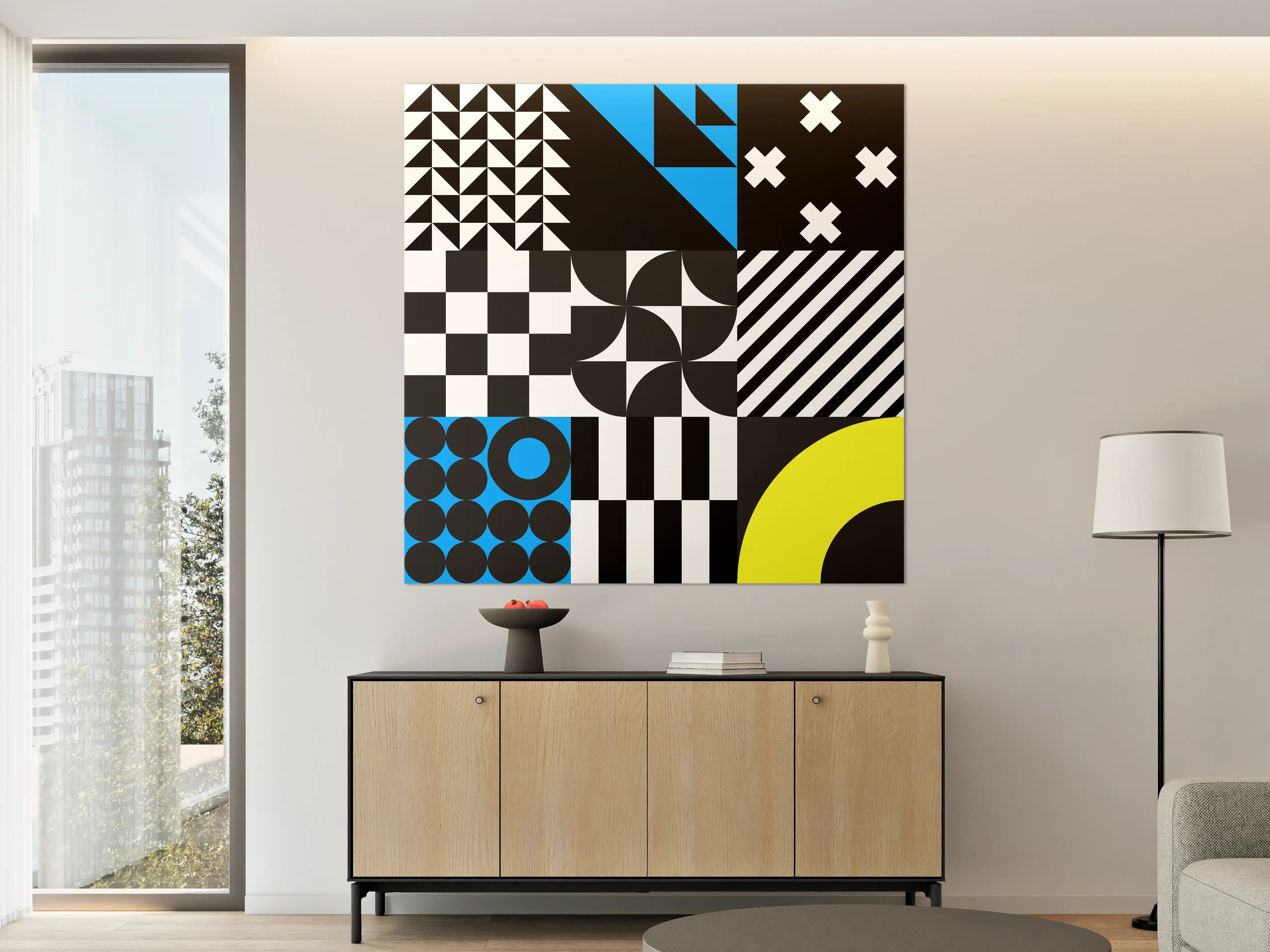Große Wandbilder - Moderne geometrische Kunst in Schwarz, Weiß, Blau und Gelb