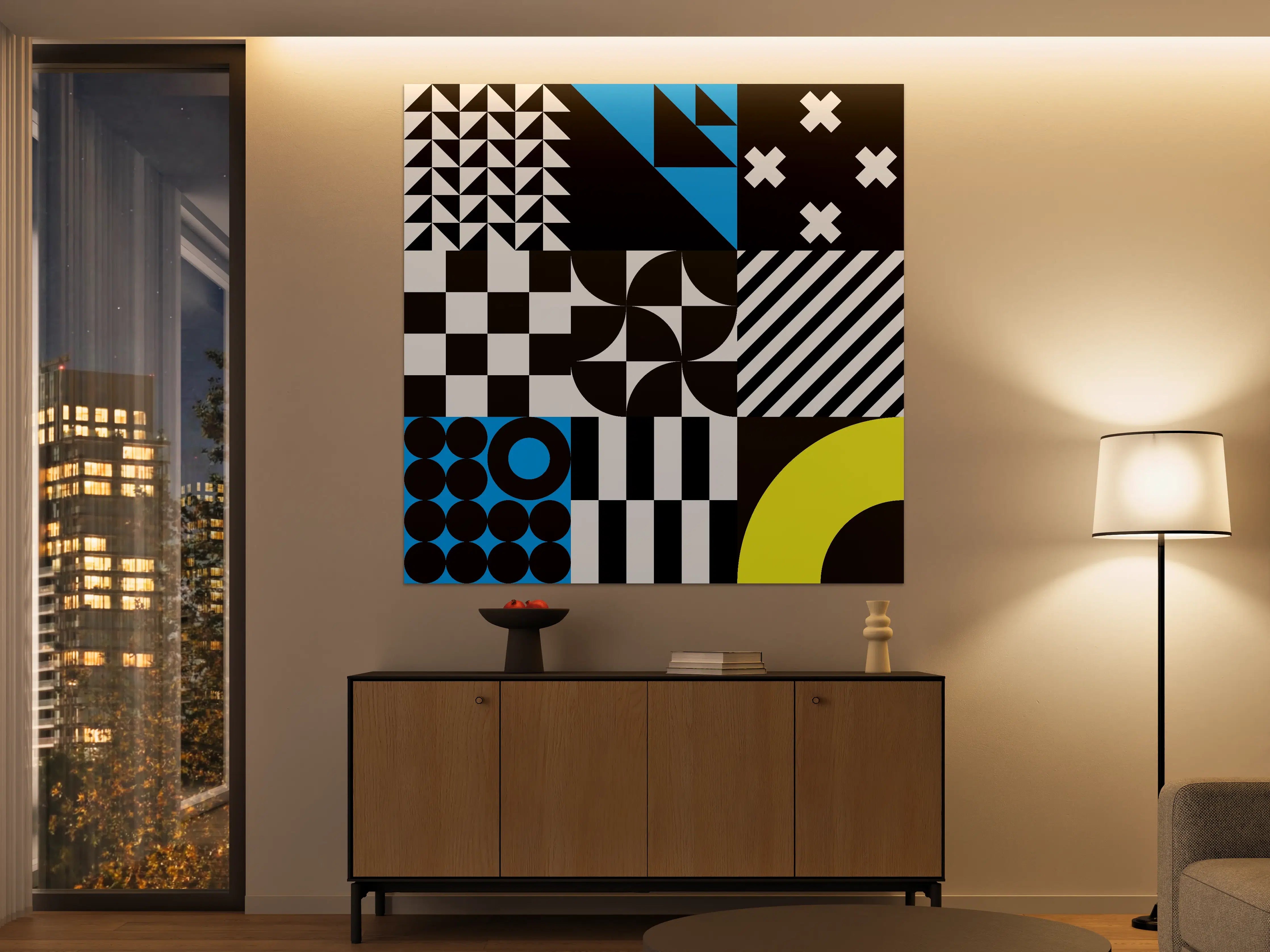 Große Wandbilder - Moderne geometrische Kunst in Schwarz, Weiß, Blau und Gelb