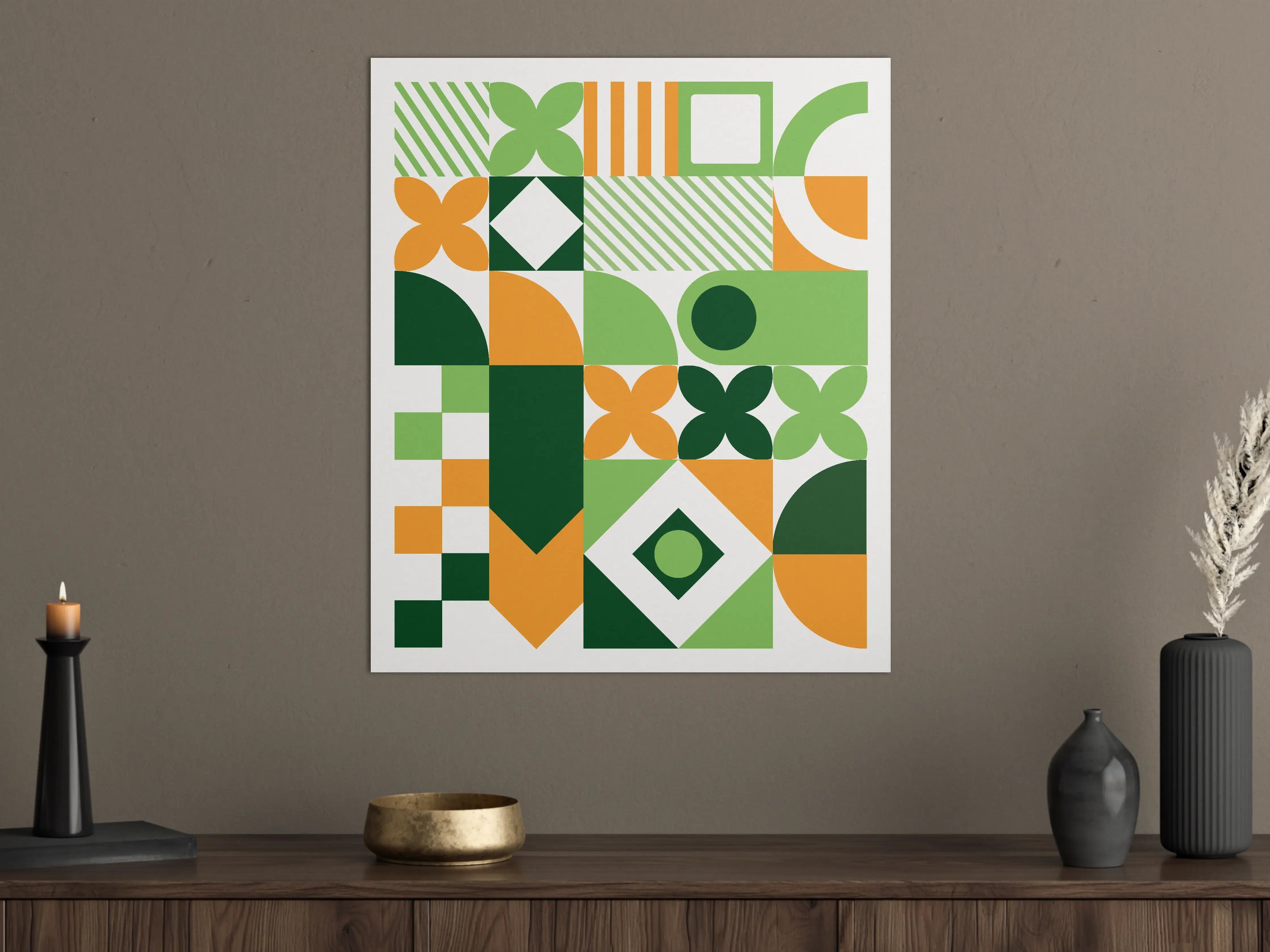 Große Wandbilder - Moderne geometrische Muster in Grün, Orange und Dunkelgrün