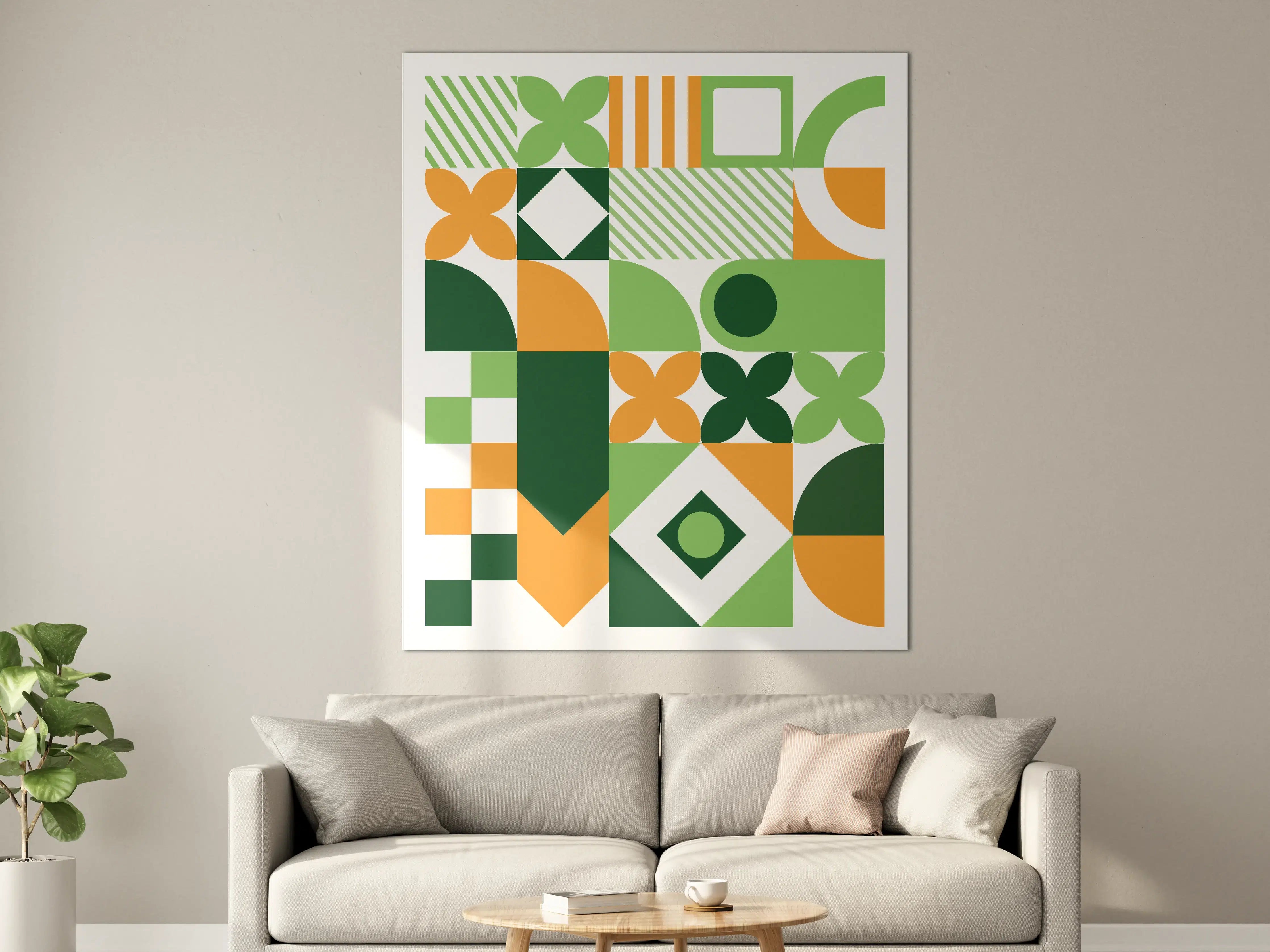 Große Wandbilder - Moderne geometrische Muster in Grün, Orange und Dunkelgrün