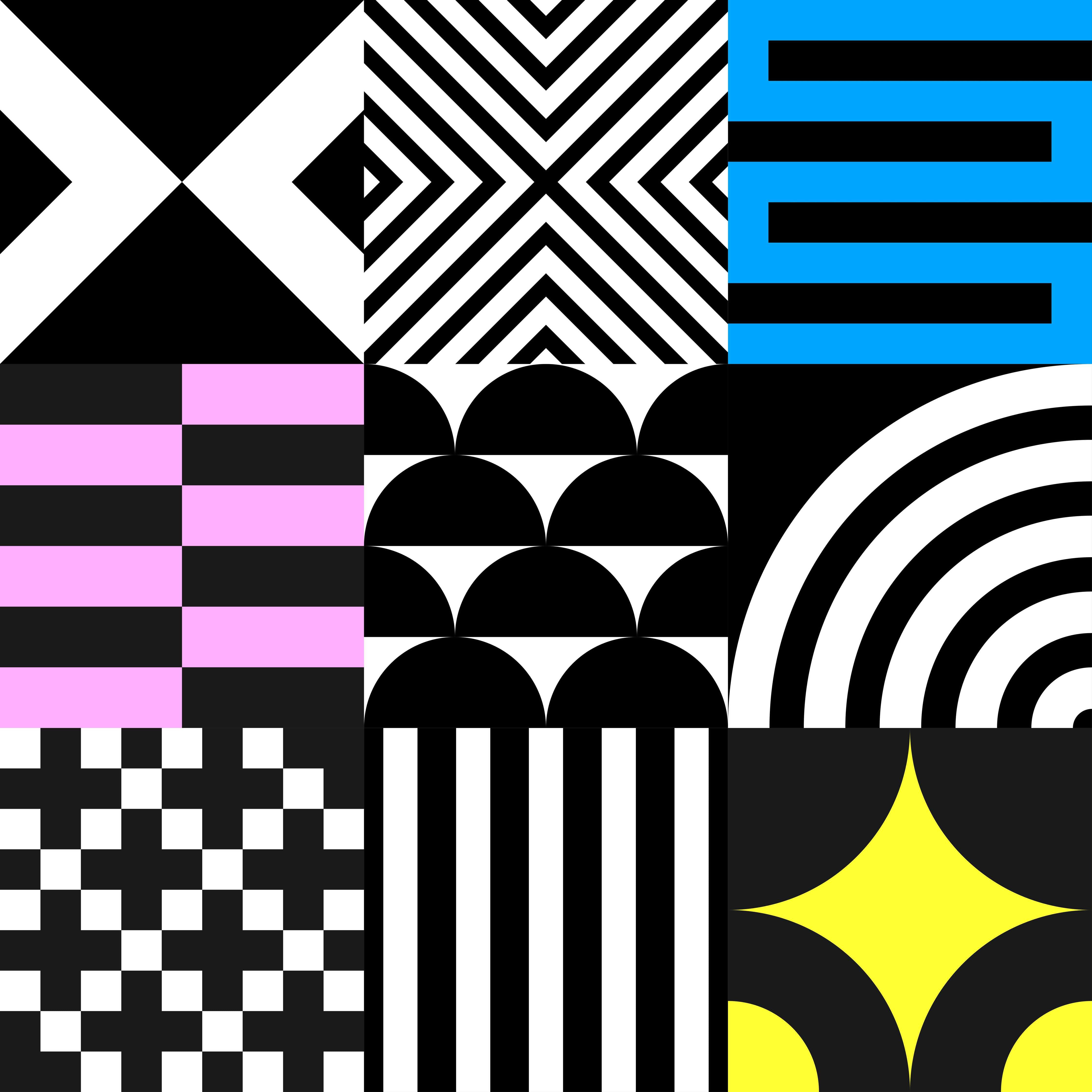 Große Wandbilder-Moderne geometrische Muster in Schwarz, Weiß und Akzenten in Blau, Gelb, Rosa