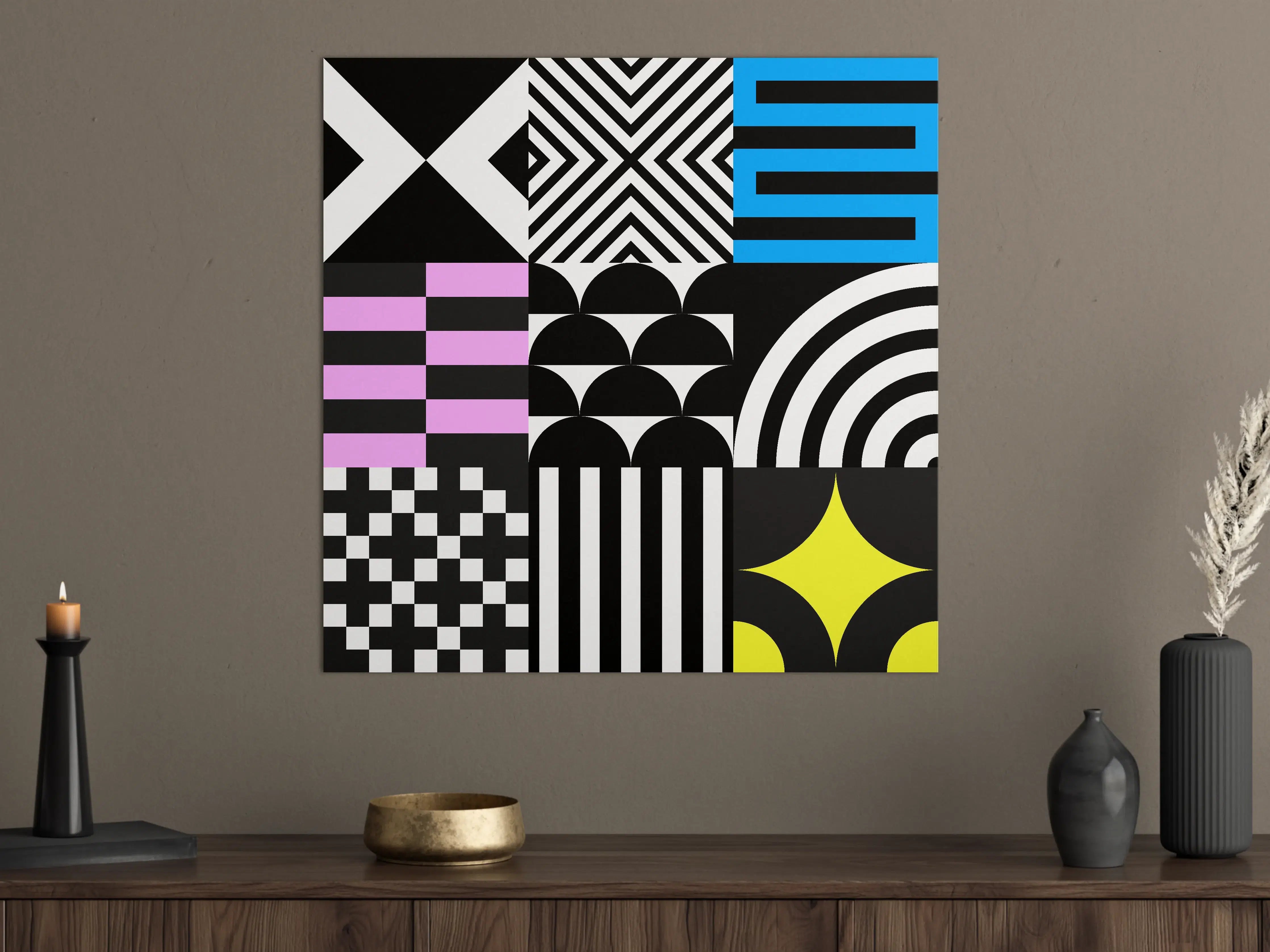Große Wandbilder - Moderne geometrische Muster in Schwarz, Weiß und Akzenten in Blau, Gelb, Rosa