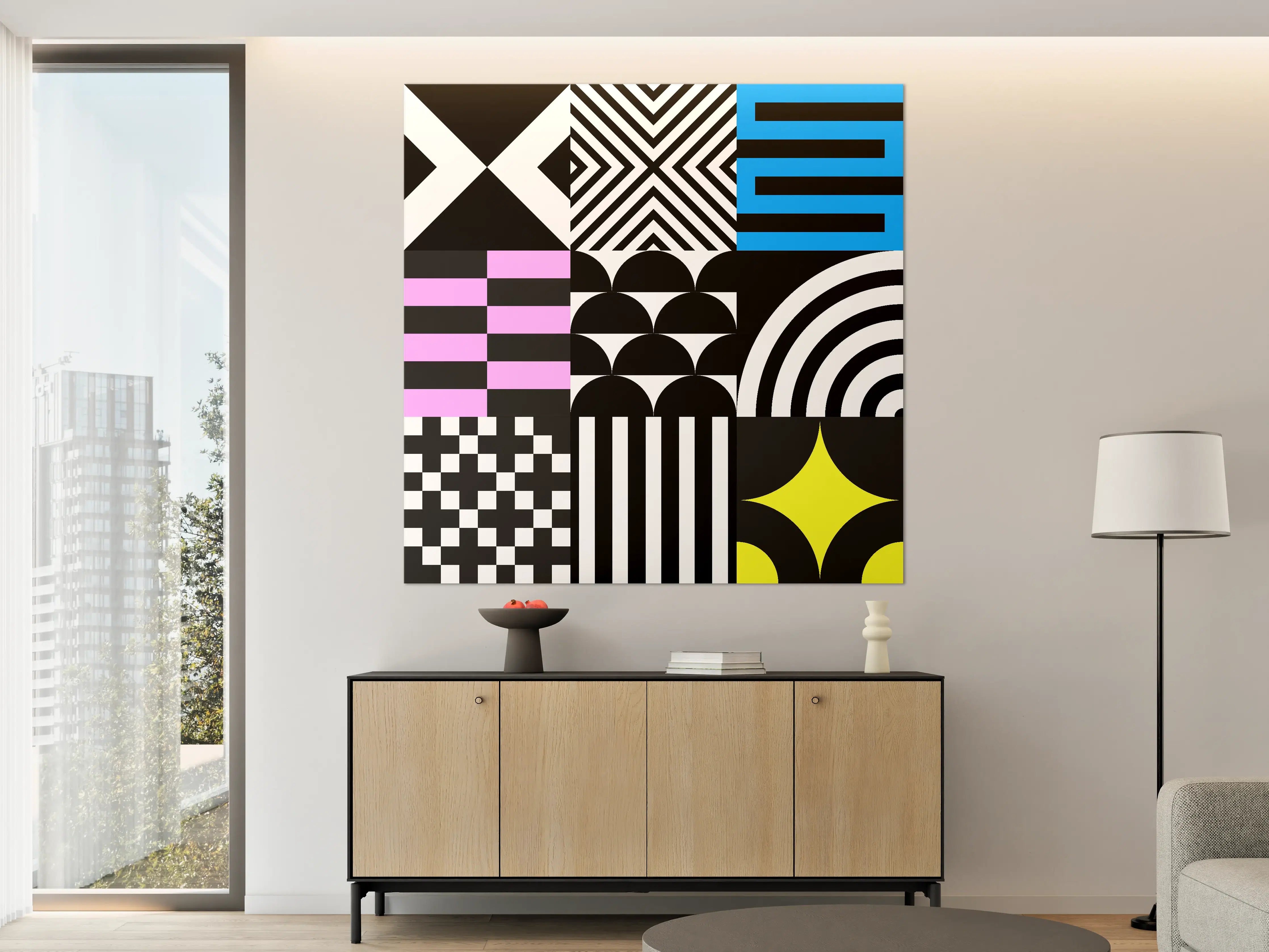 Große Wandbilder - Moderne geometrische Muster in Schwarz, Weiß und Akzenten in Blau, Gelb, Rosa