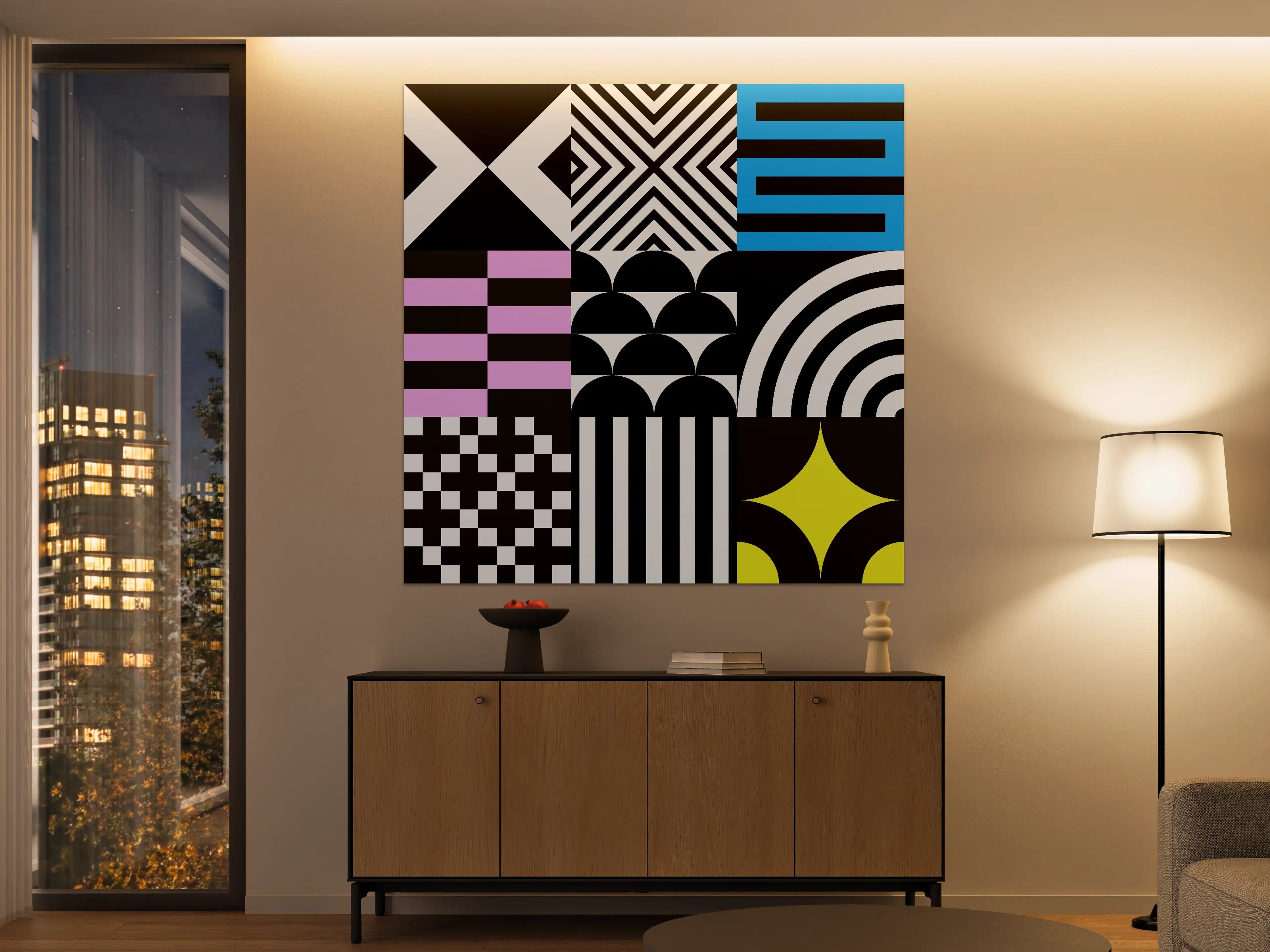Große Wandbilder - Moderne geometrische Muster in Schwarz, Weiß und Akzenten in Blau, Gelb, Rosa
