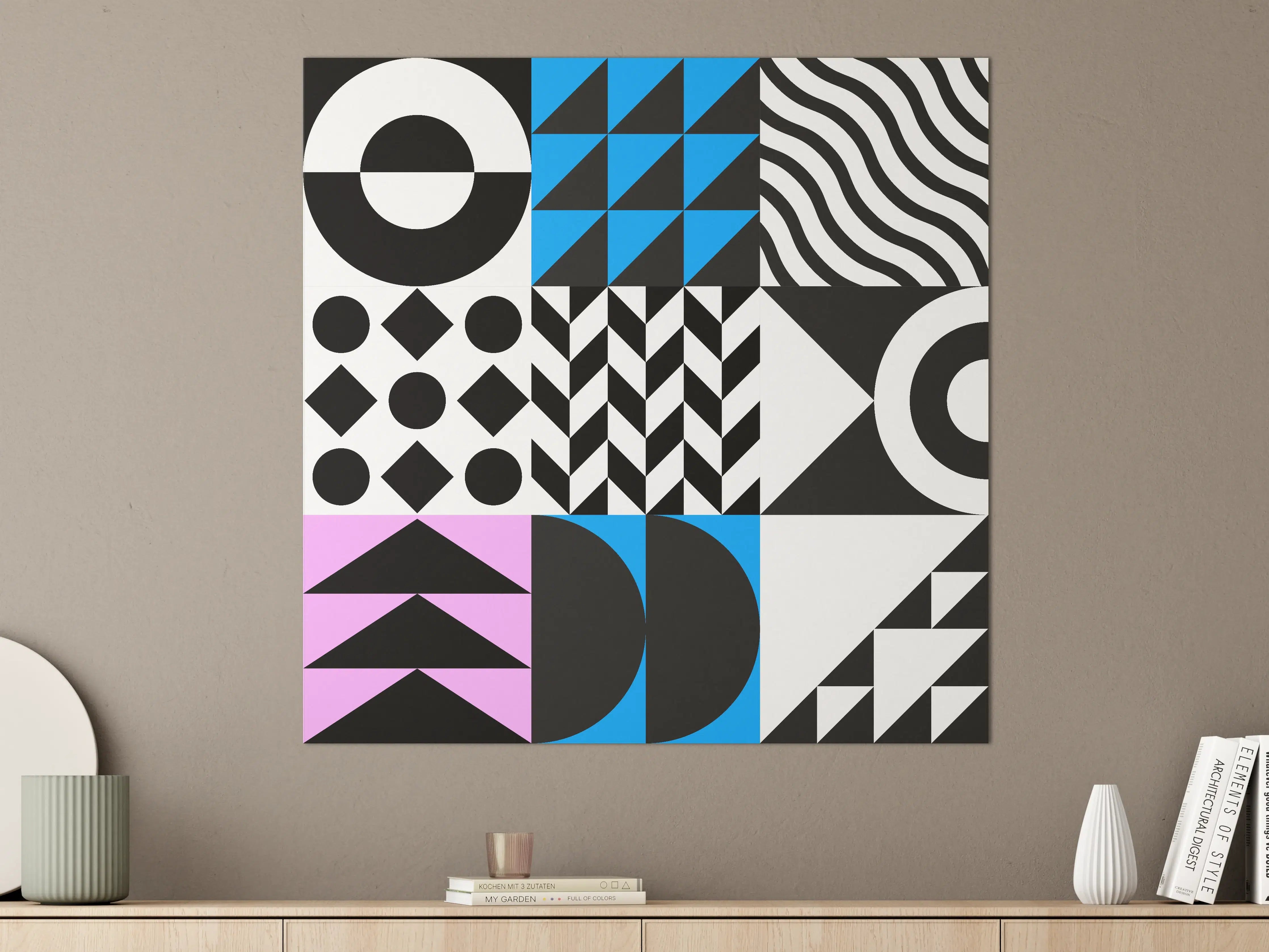 Große Wandbilder - Moderne geometrische Muster in Schwarz, Weiß, Blau und Pastell