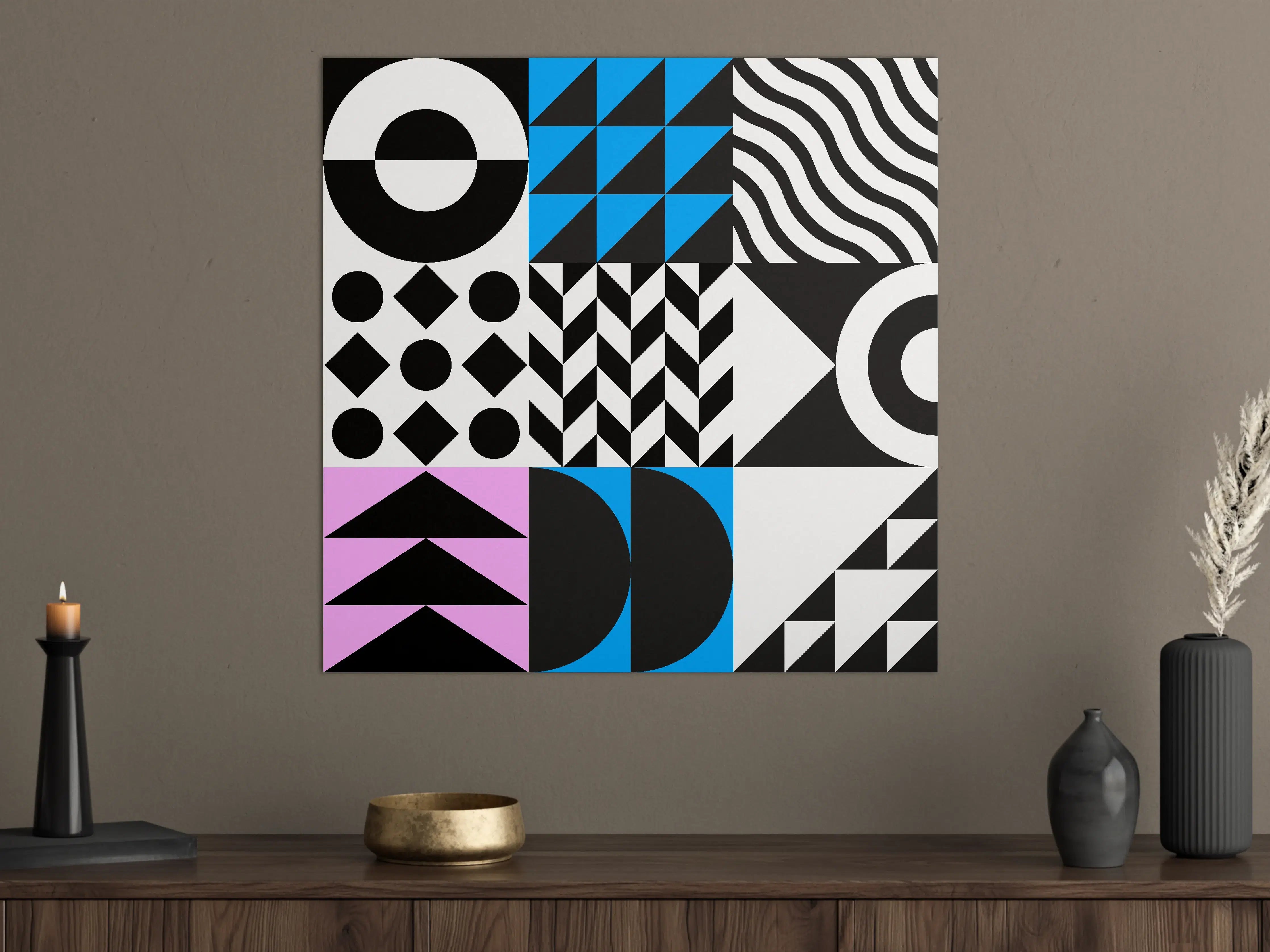 Große Wandbilder - Moderne geometrische Muster in Schwarz, Weiß, Blau und Pastell