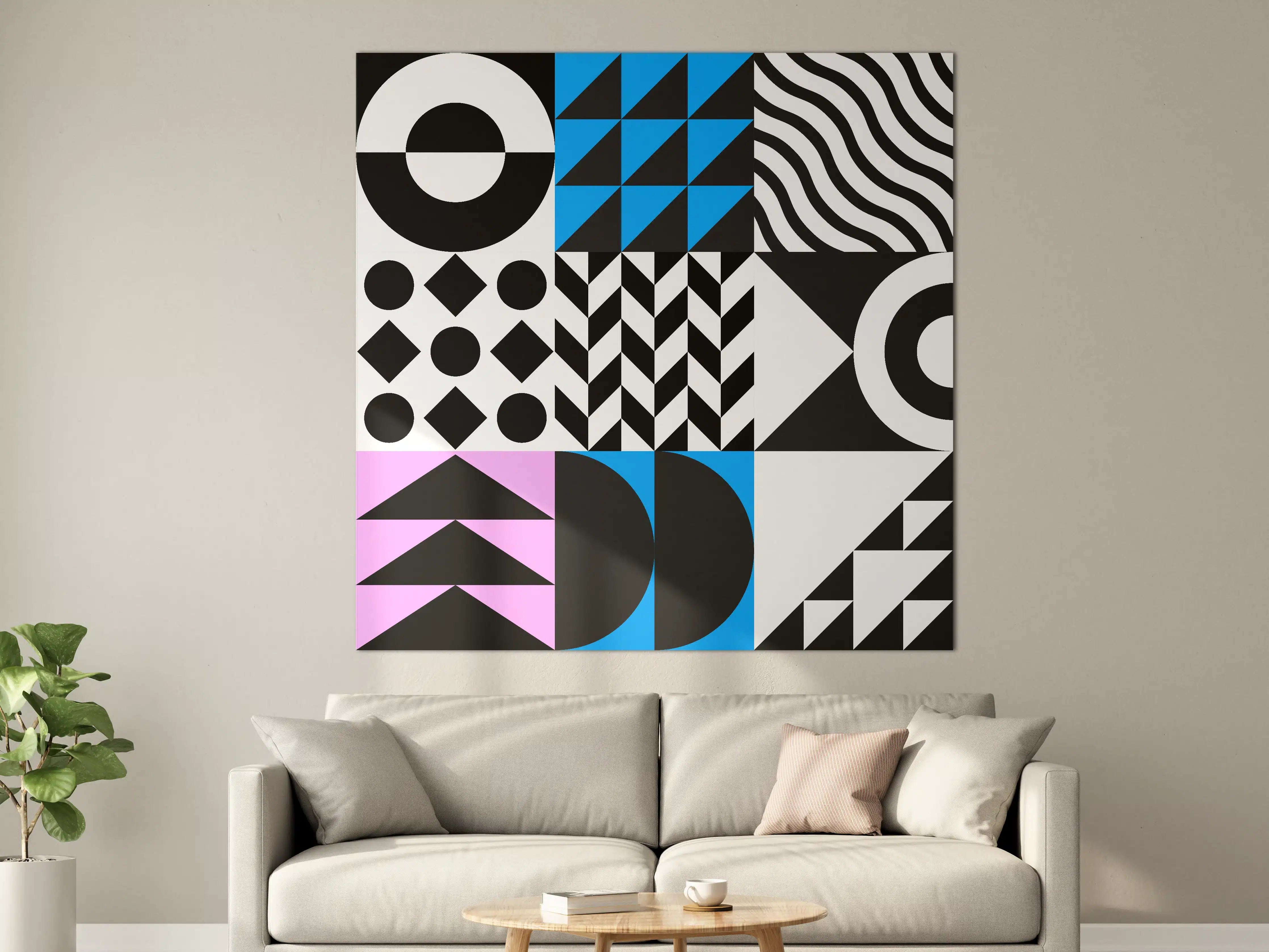 Große Wandbilder - Moderne geometrische Muster in Schwarz, Weiß, Blau und Pastell