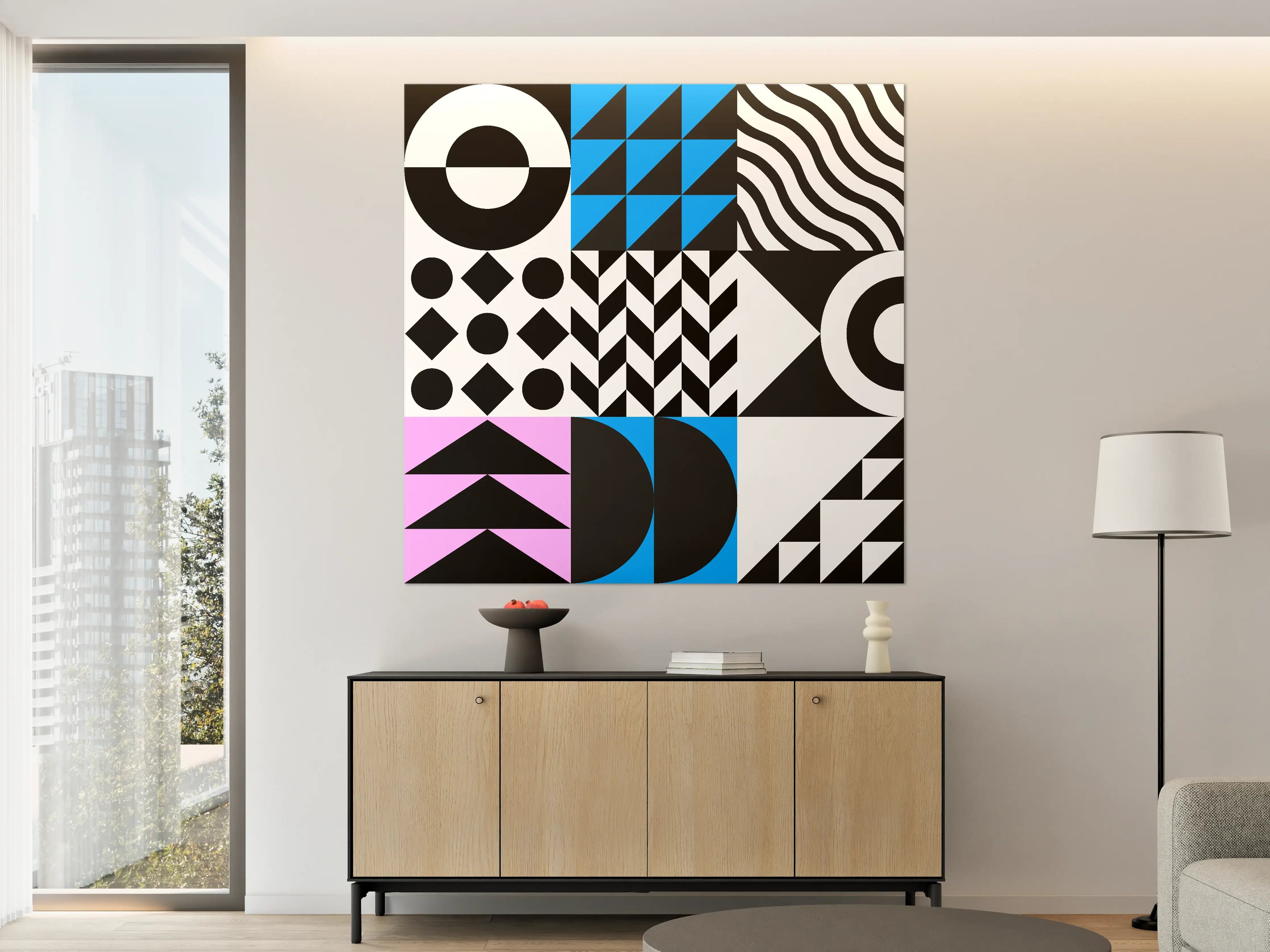 Große Wandbilder - Moderne geometrische Muster in Schwarz, Weiß, Blau und Pastell
