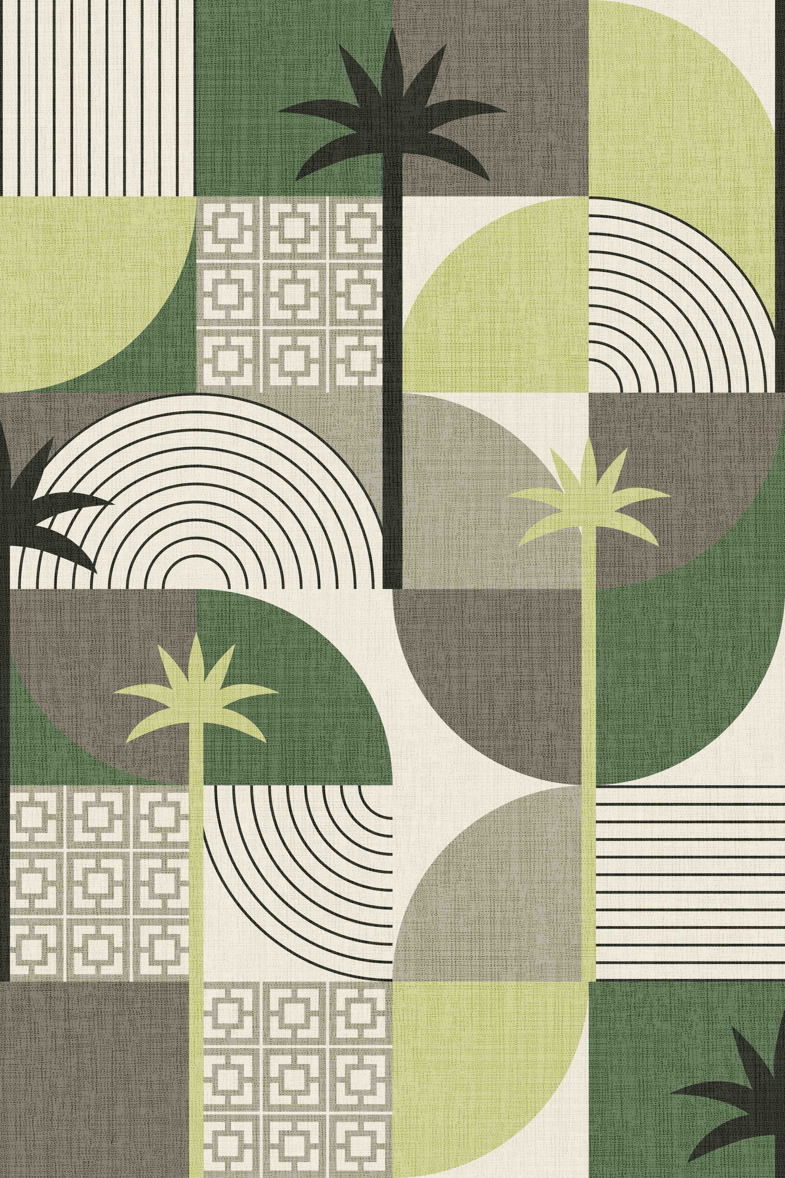 Große Wandbilder-Moderne geometrische Palmenmuster in Grün, Grau und Beige