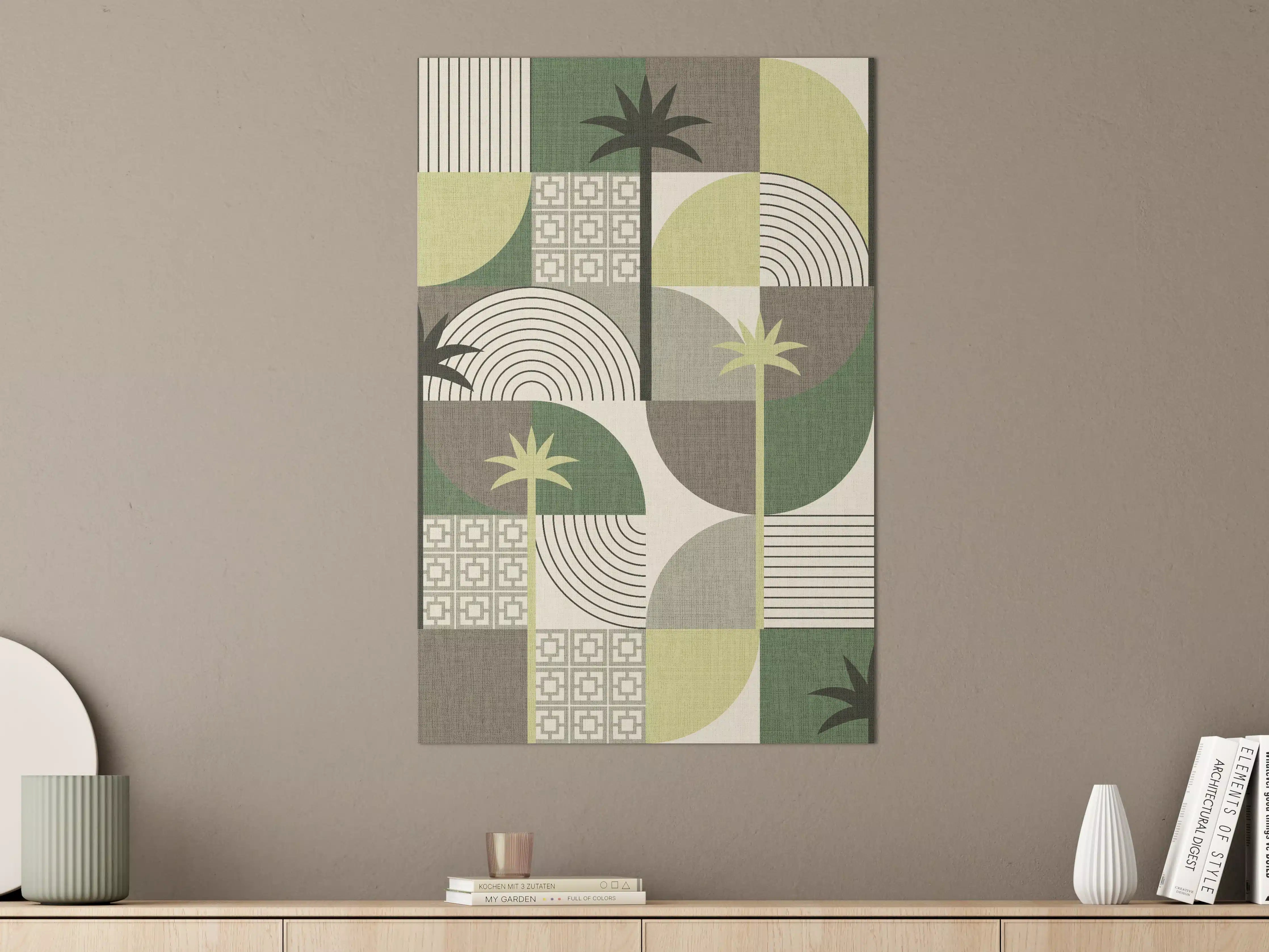 Große Wandbilder - Moderne geometrische Palmenmuster in Grün, Grau und Beige