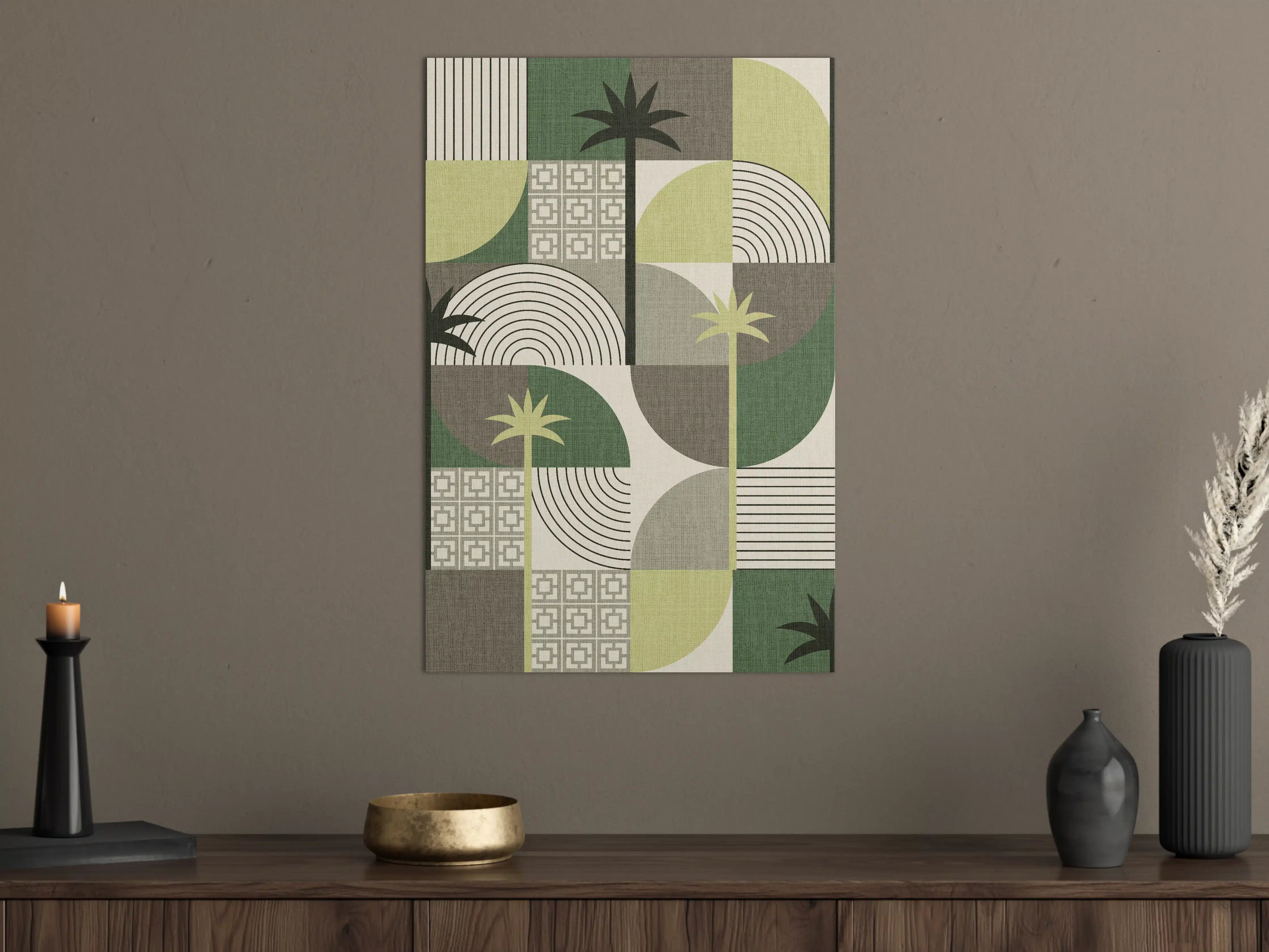 Große Wandbilder - Moderne geometrische Palmenmuster in Grün, Grau und Beige