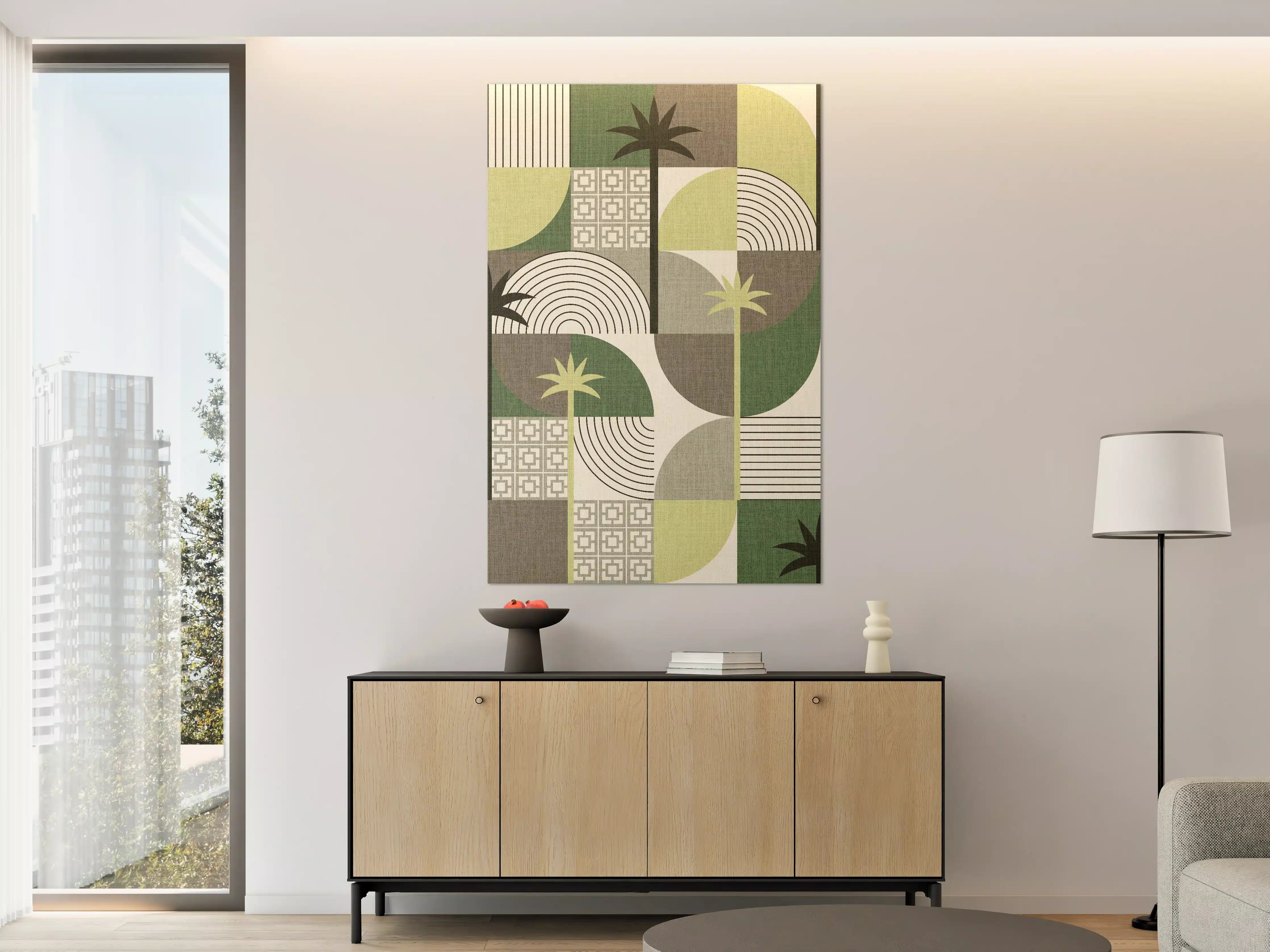 Große Wandbilder - Moderne geometrische Palmenmuster in Grün, Grau und Beige