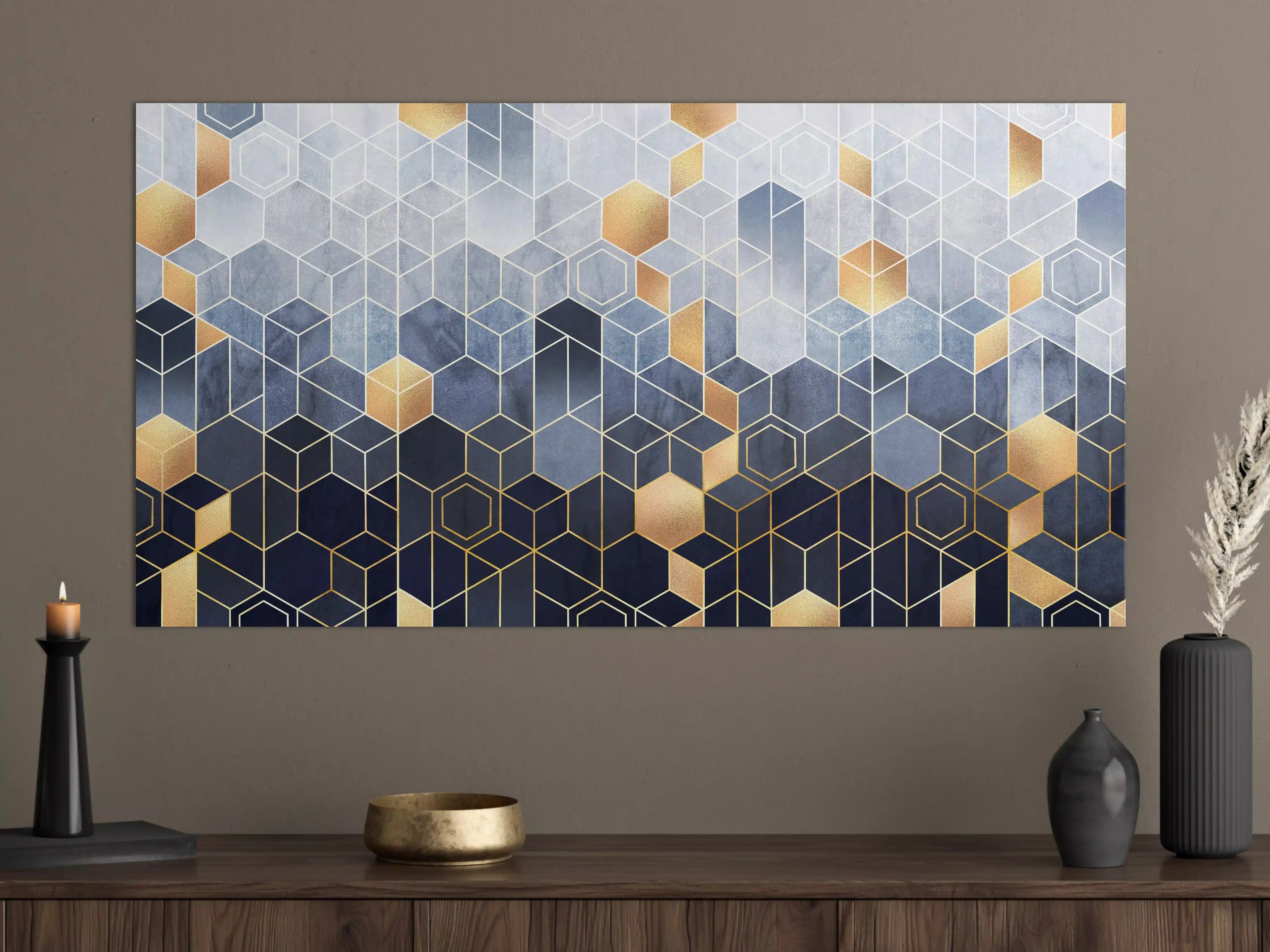 Große Wandbilder - Moderne geometrische Wandgestaltung in Blau-Gold-Tönen