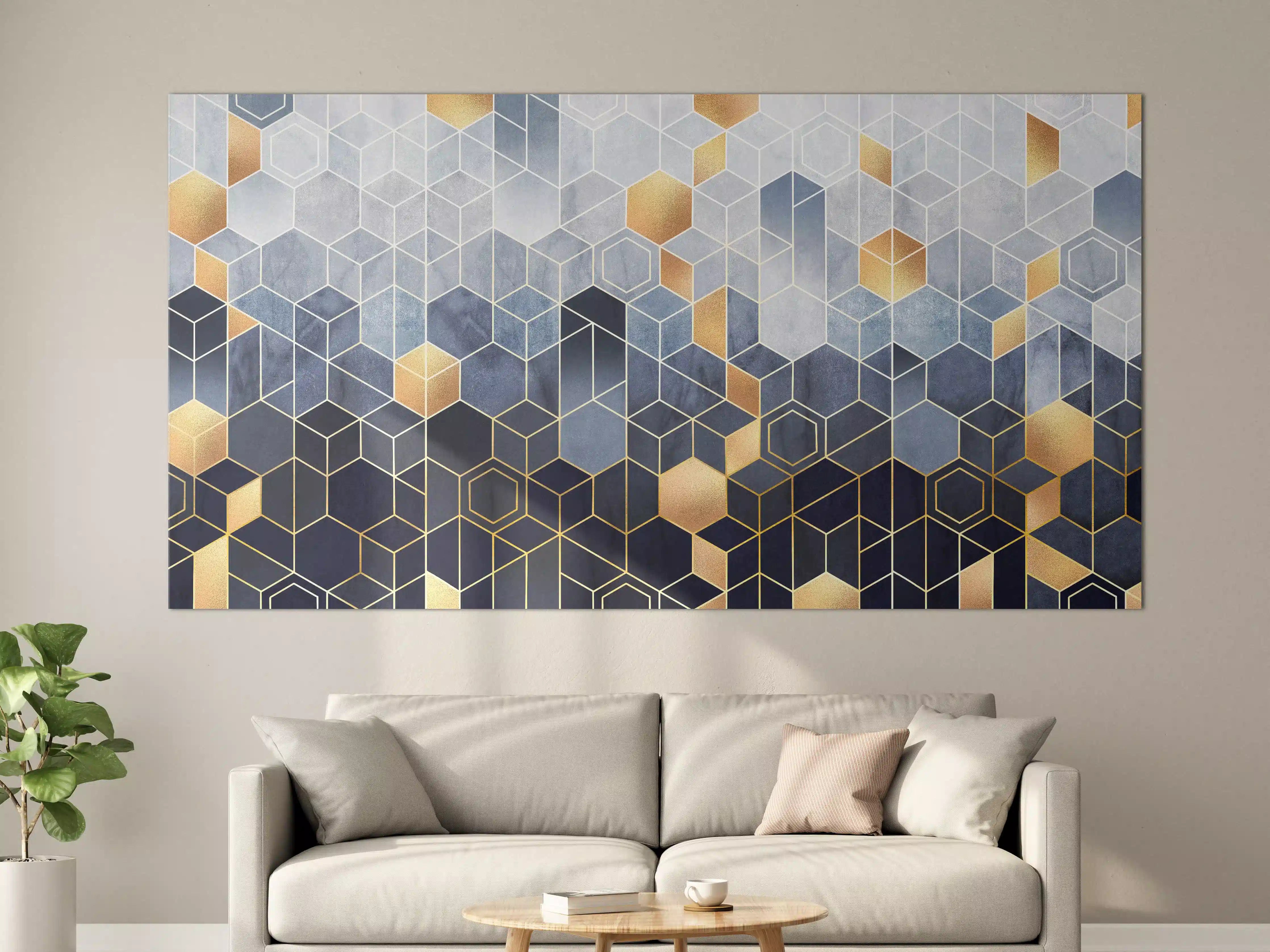 Große Wandbilder - Moderne geometrische Wandgestaltung in Blau-Gold-Tönen