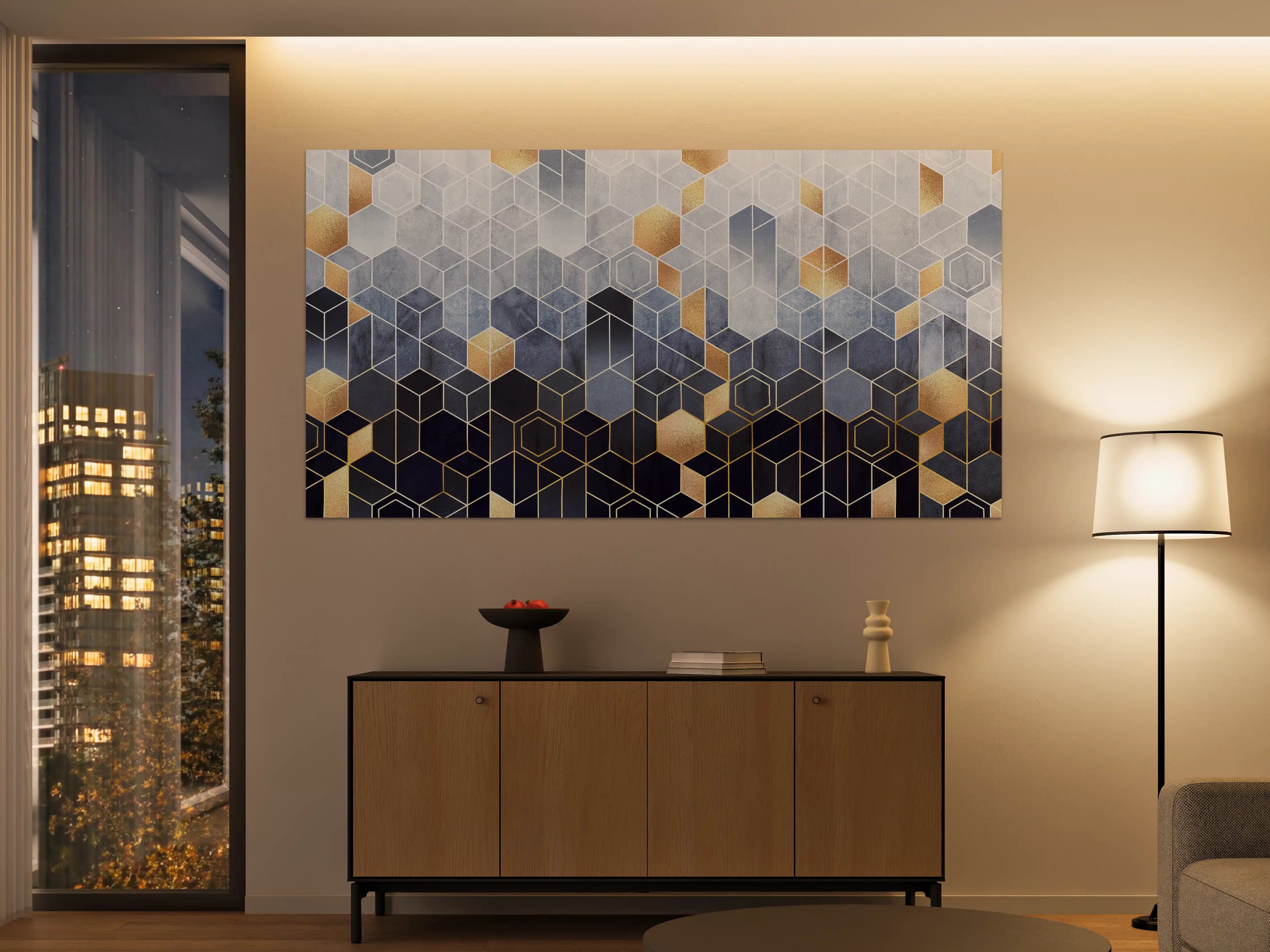 Große Wandbilder - Moderne geometrische Wandgestaltung in Blau-Gold-Tönen