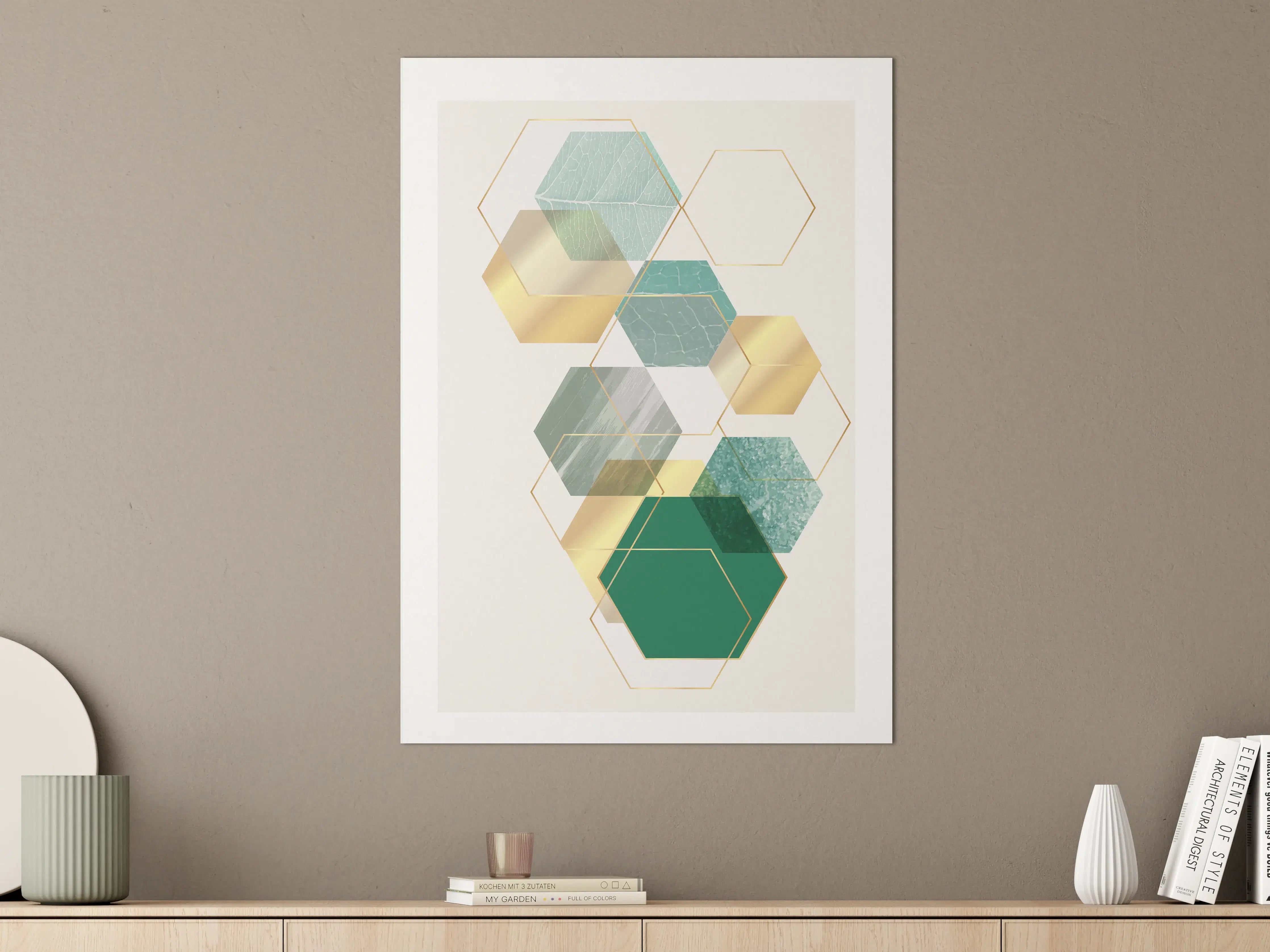 Große Wandbilder - Moderne geometrische Wandgestaltung in Grün und Gold