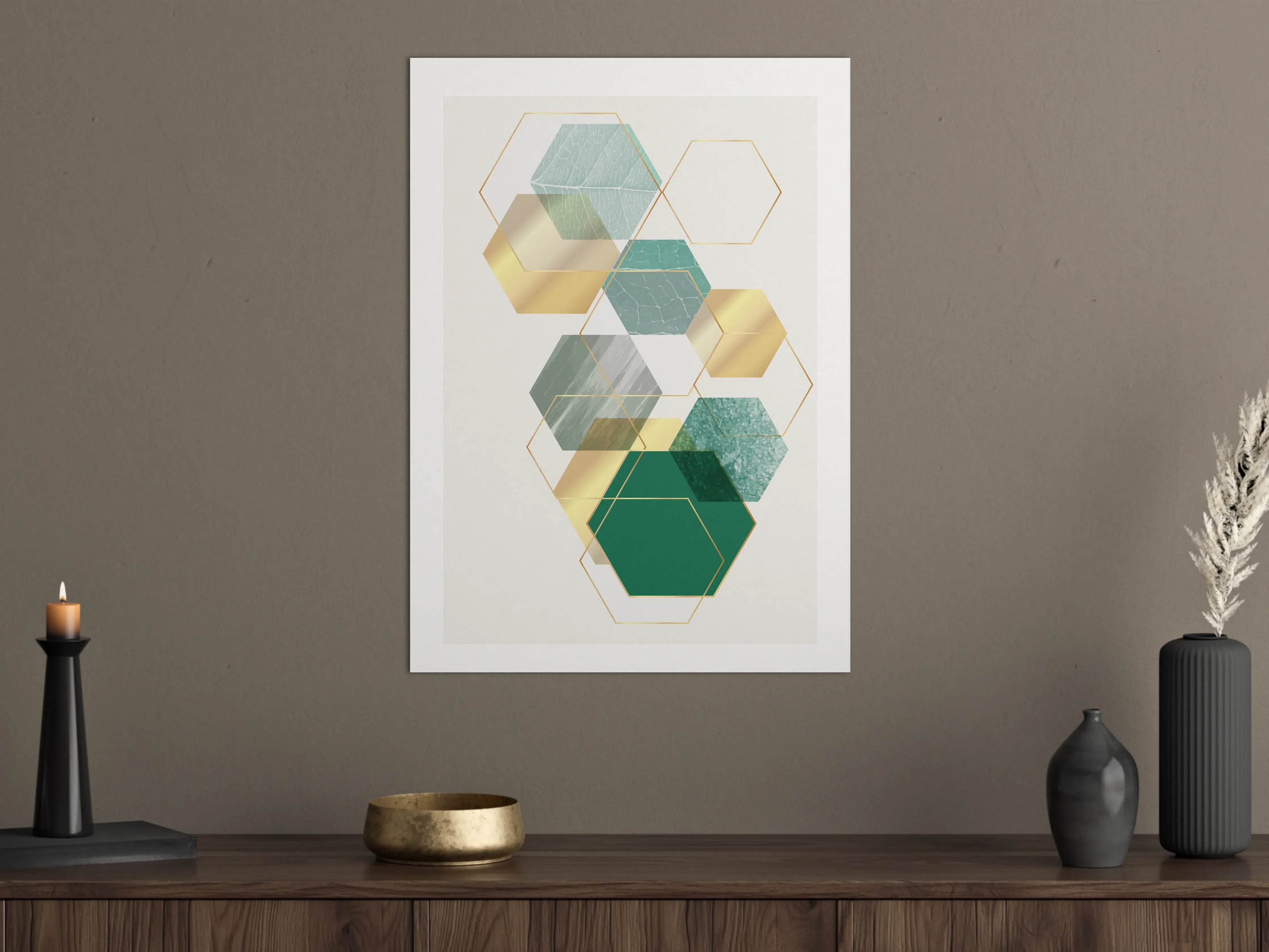Große Wandbilder - Moderne geometrische Wandgestaltung in Grün und Gold