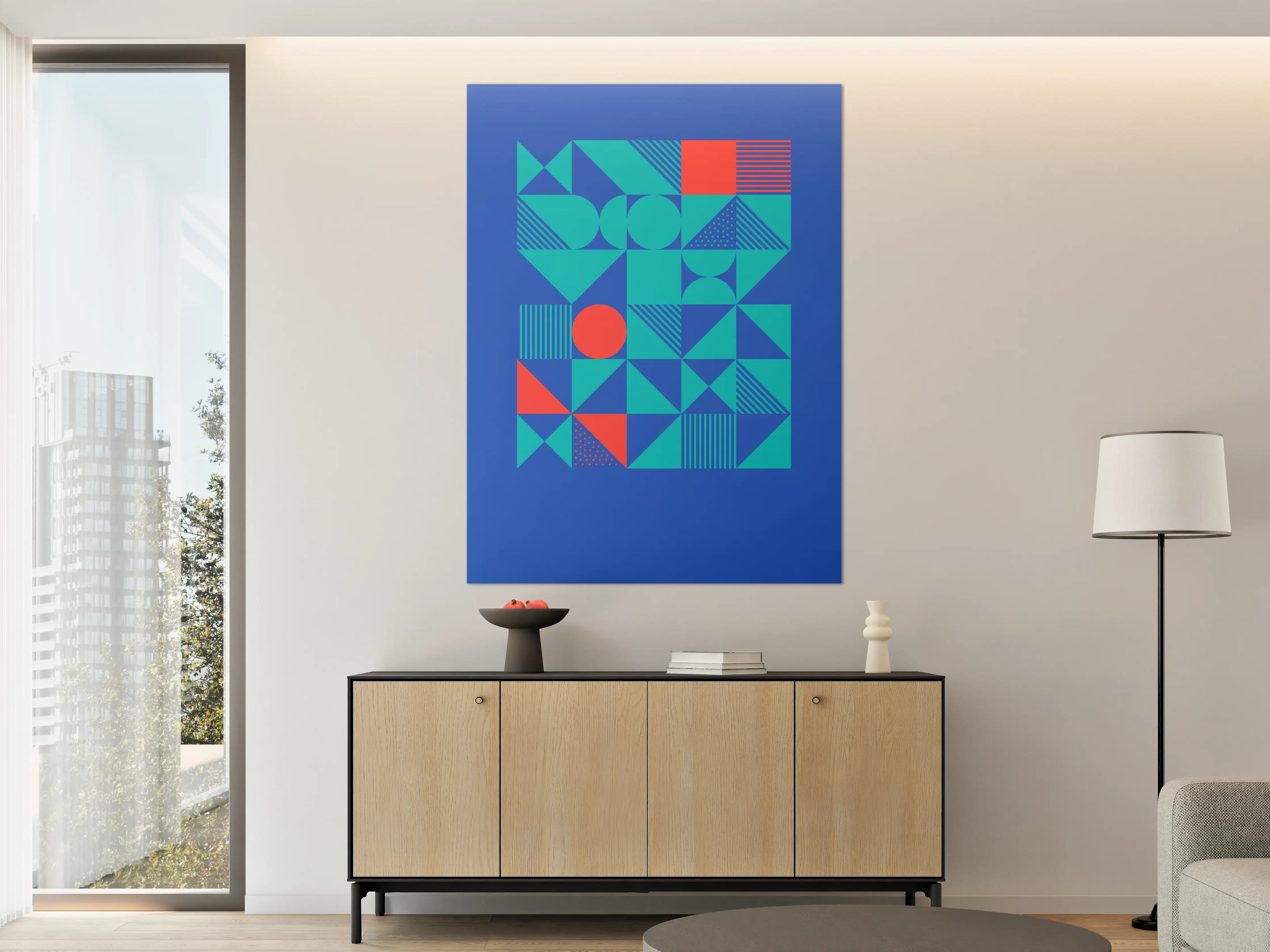 Große Wandbilder - Moderne geometrische Wandkunst mit Blau- und Rottönen