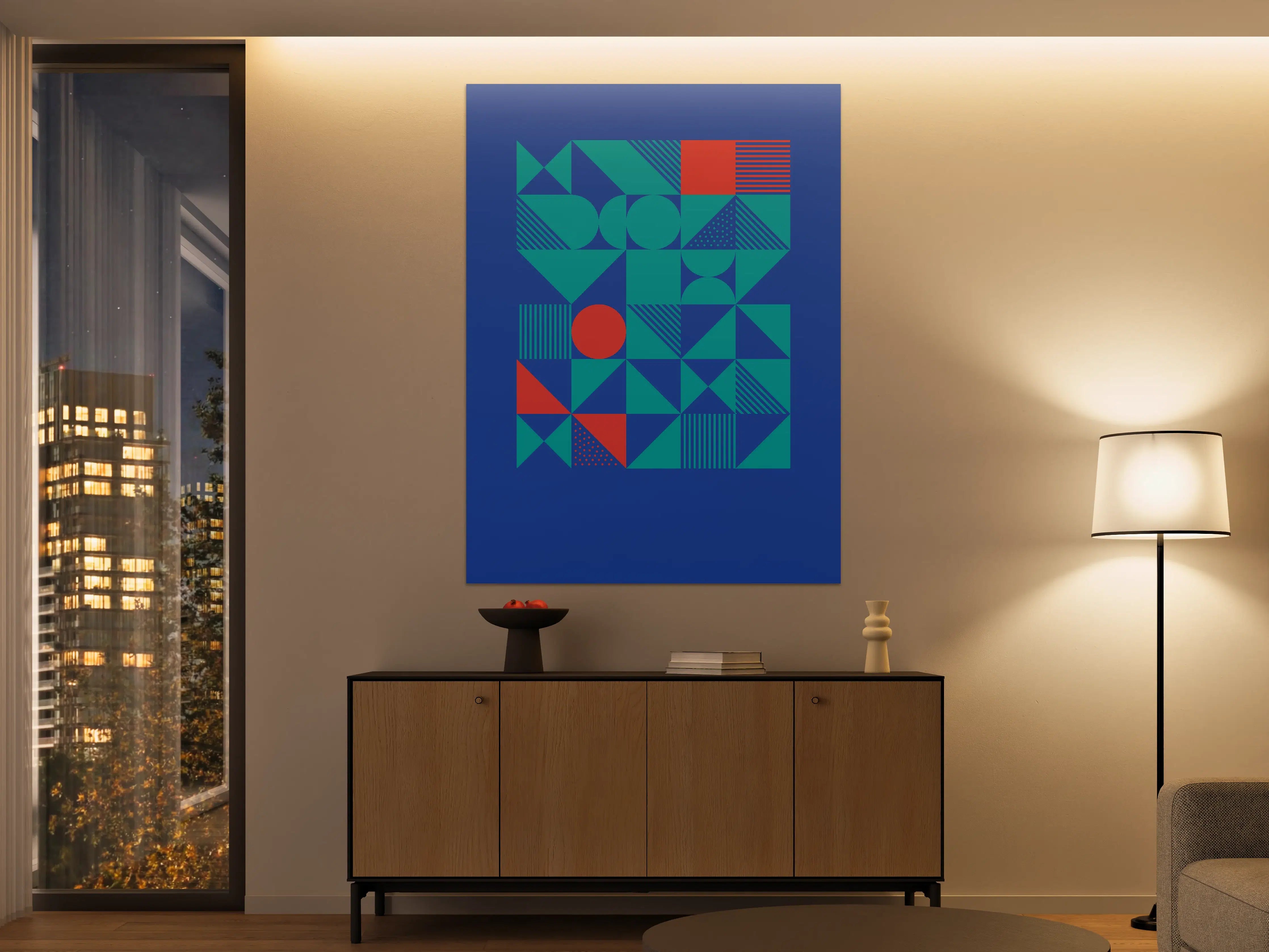 Große Wandbilder - Moderne geometrische Wandkunst mit Blau- und Rottönen