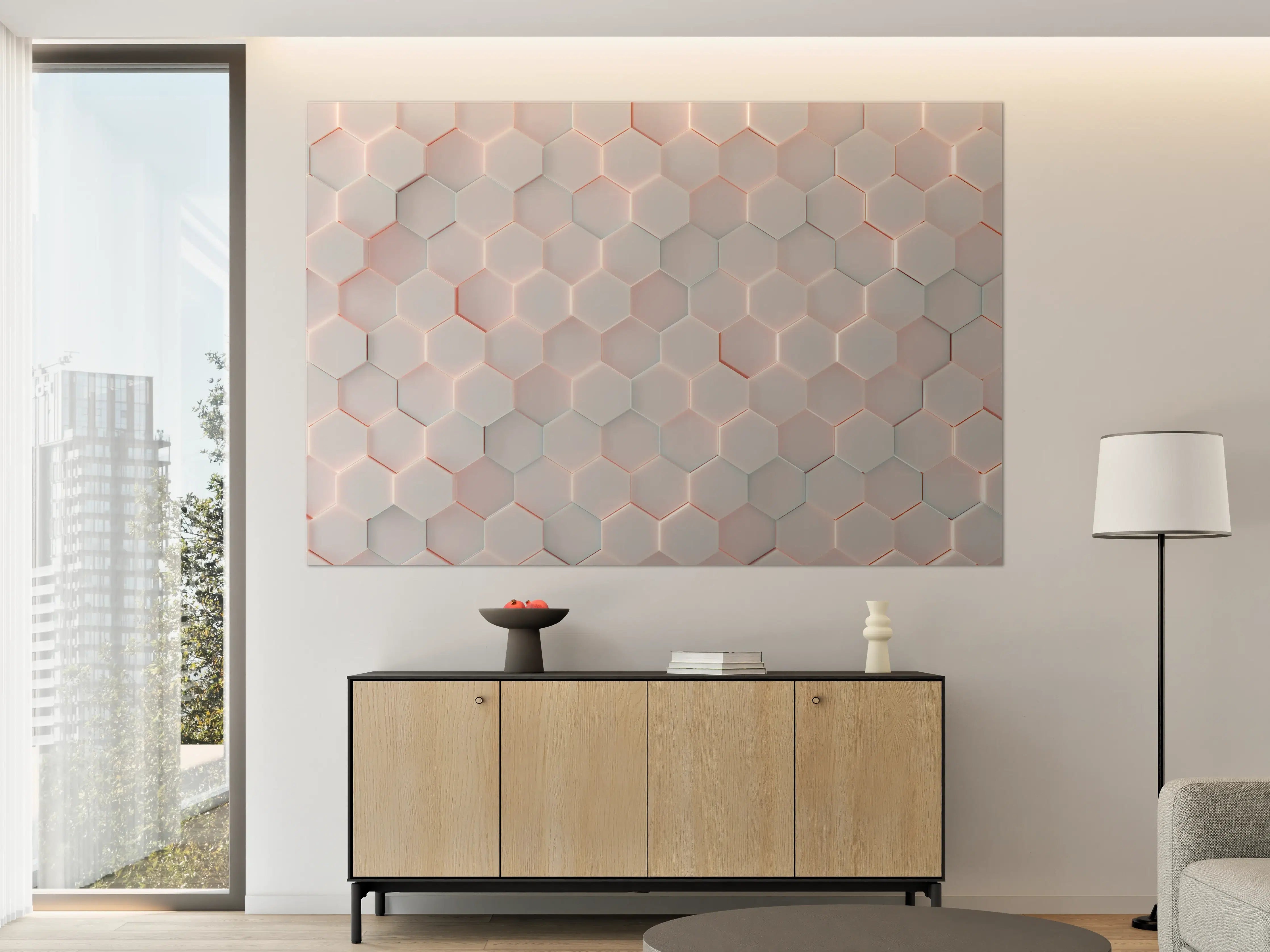 Große Wandbilder - Moderne weiße Hexagon-Fliesen mit rotem Rand