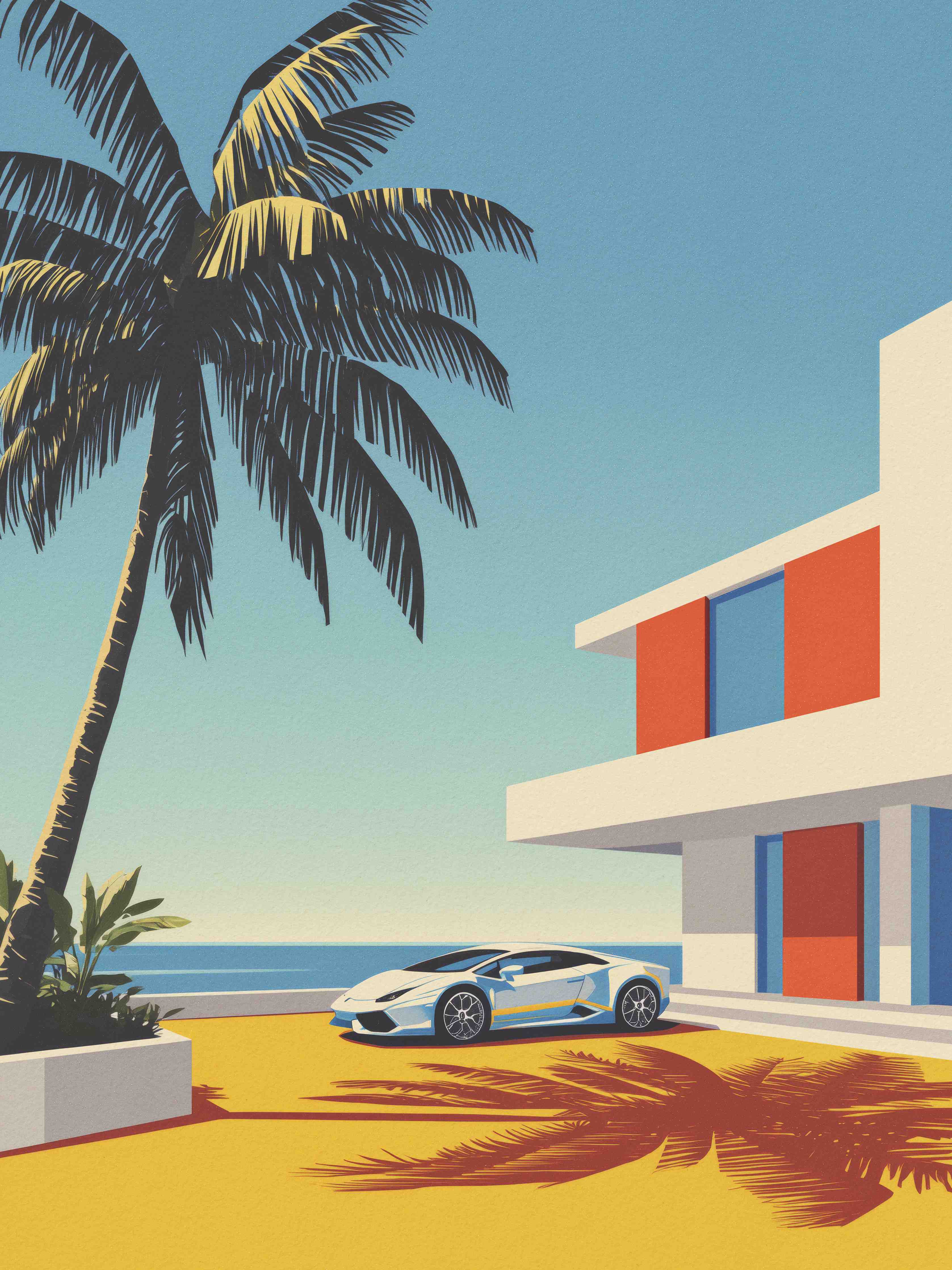 Große Wandbilder-Modernes Strandhaus mit Luxusauto und Palmen